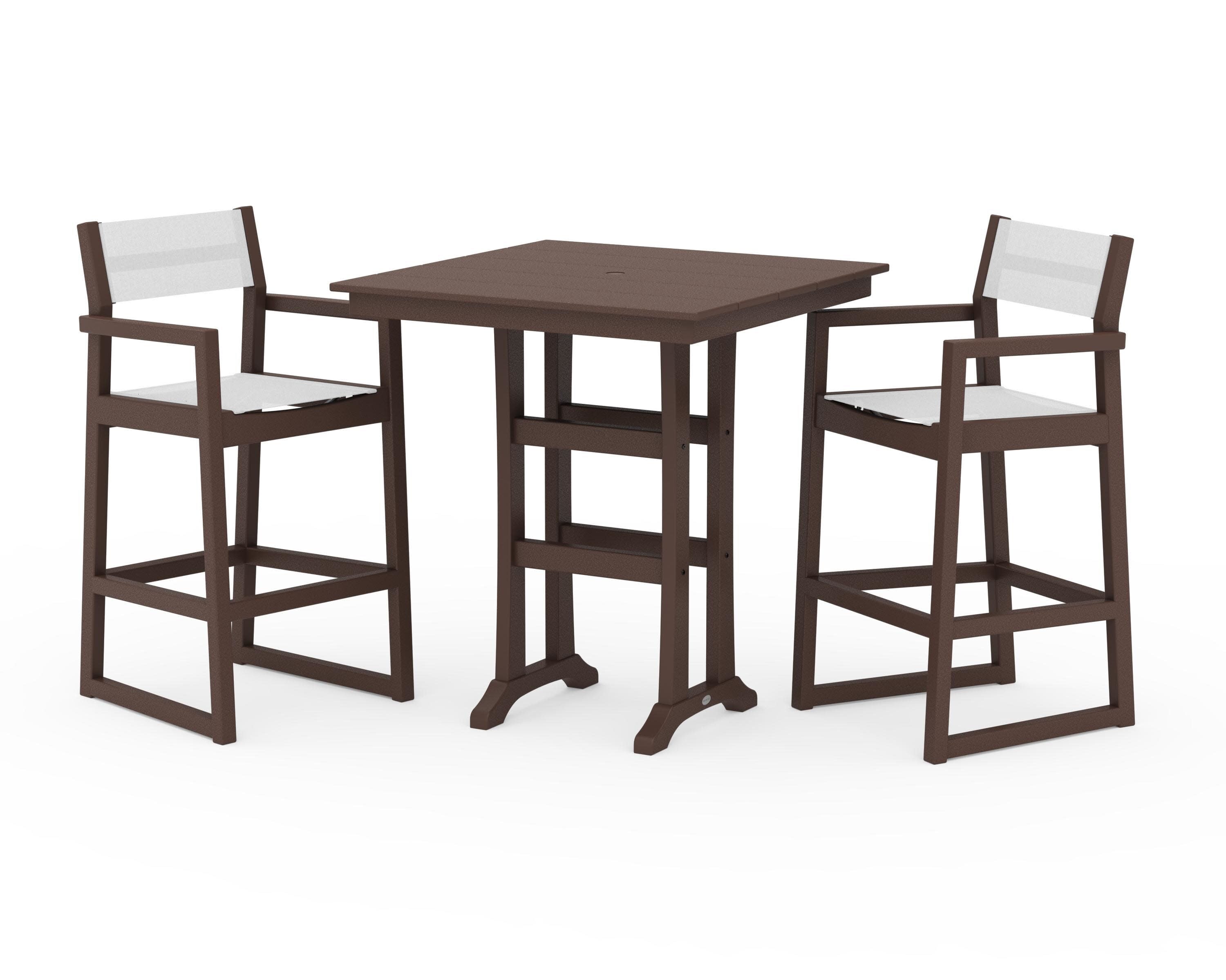 EDGE Sling Arm Chair 3-Piece Farmhouse Bar Set with Trestle Legs in Mahogany / White Sling