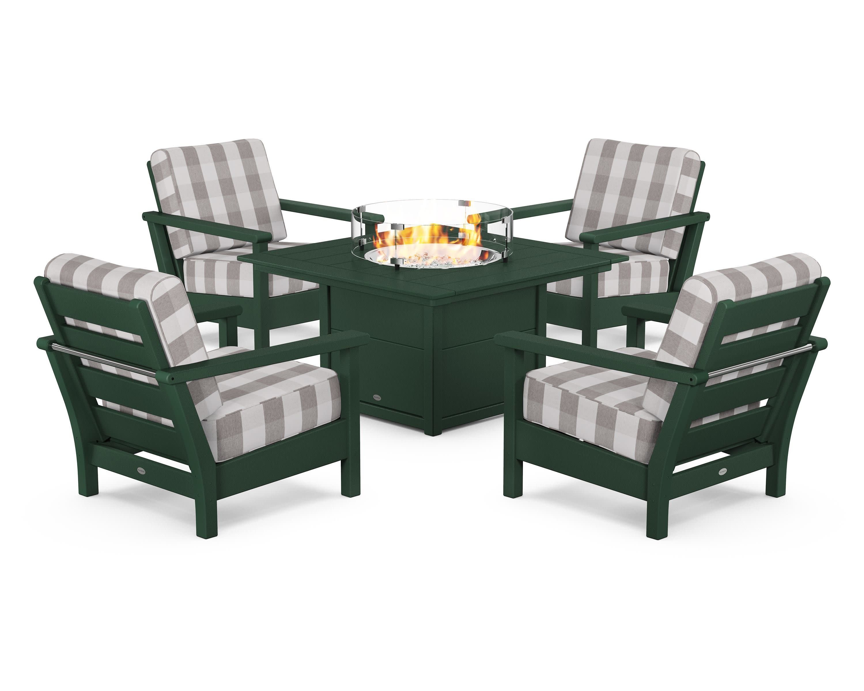 Harbour 5-Piece Conversation Set with Fire Pit Table in Green / Buffalo Plaid Grey Mist
