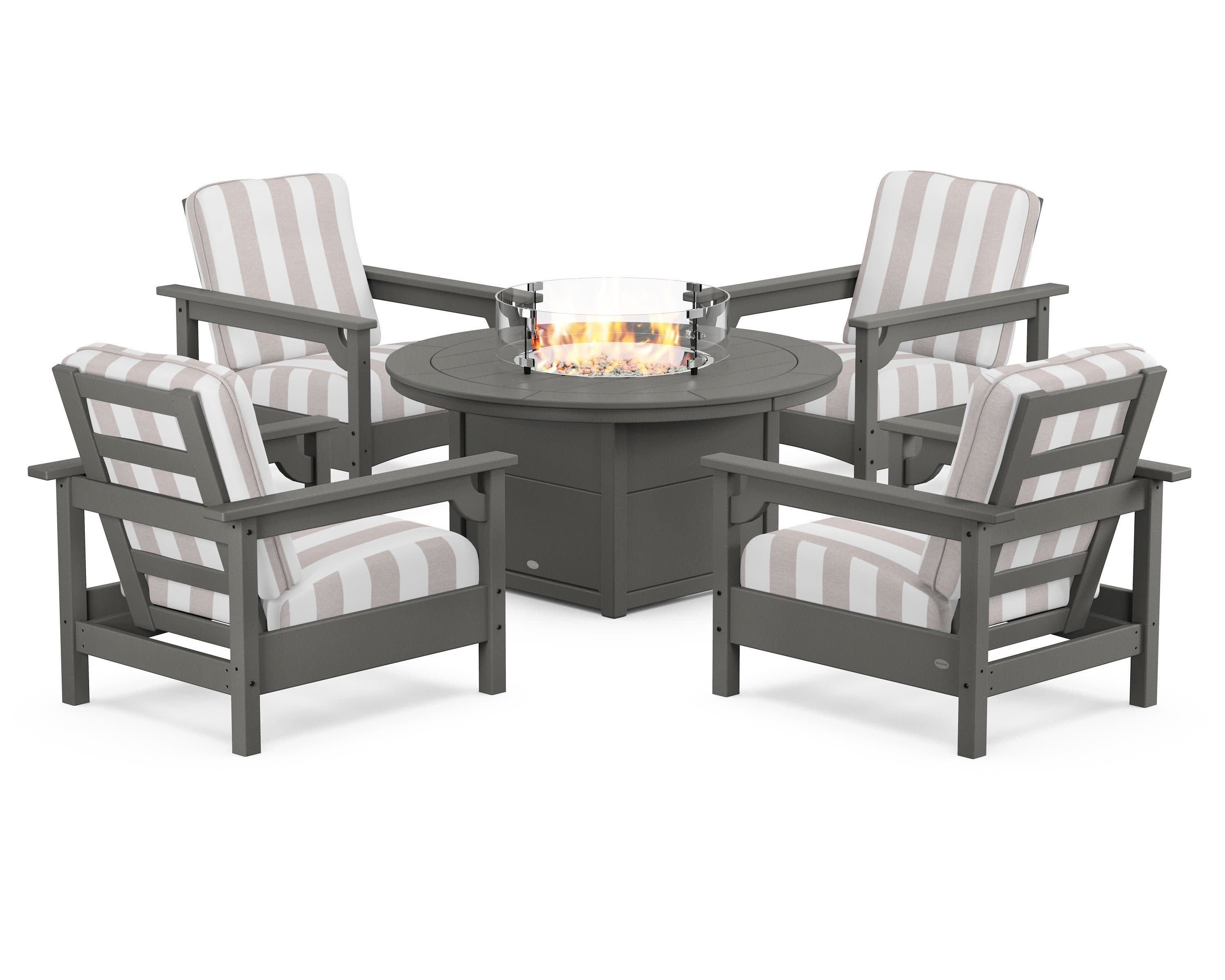 Club 5-Piece Conversation Set with Fire Pit Table in Slate Grey / Cabana Stripe Dune Burlap