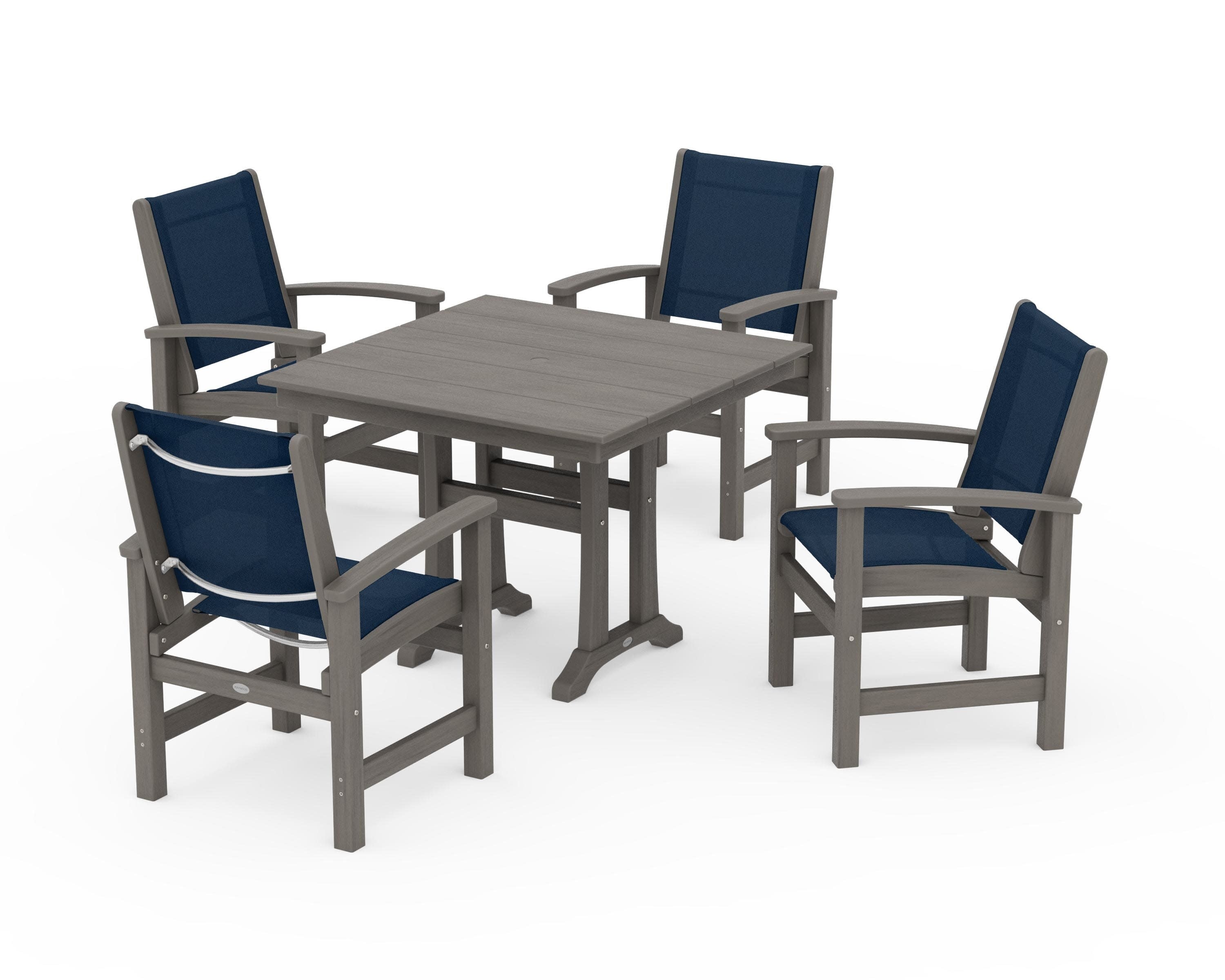 Coastal 5-Piece Farmhouse Dining Set With Trestle Legs in Driftwood / Navy Blue Sling