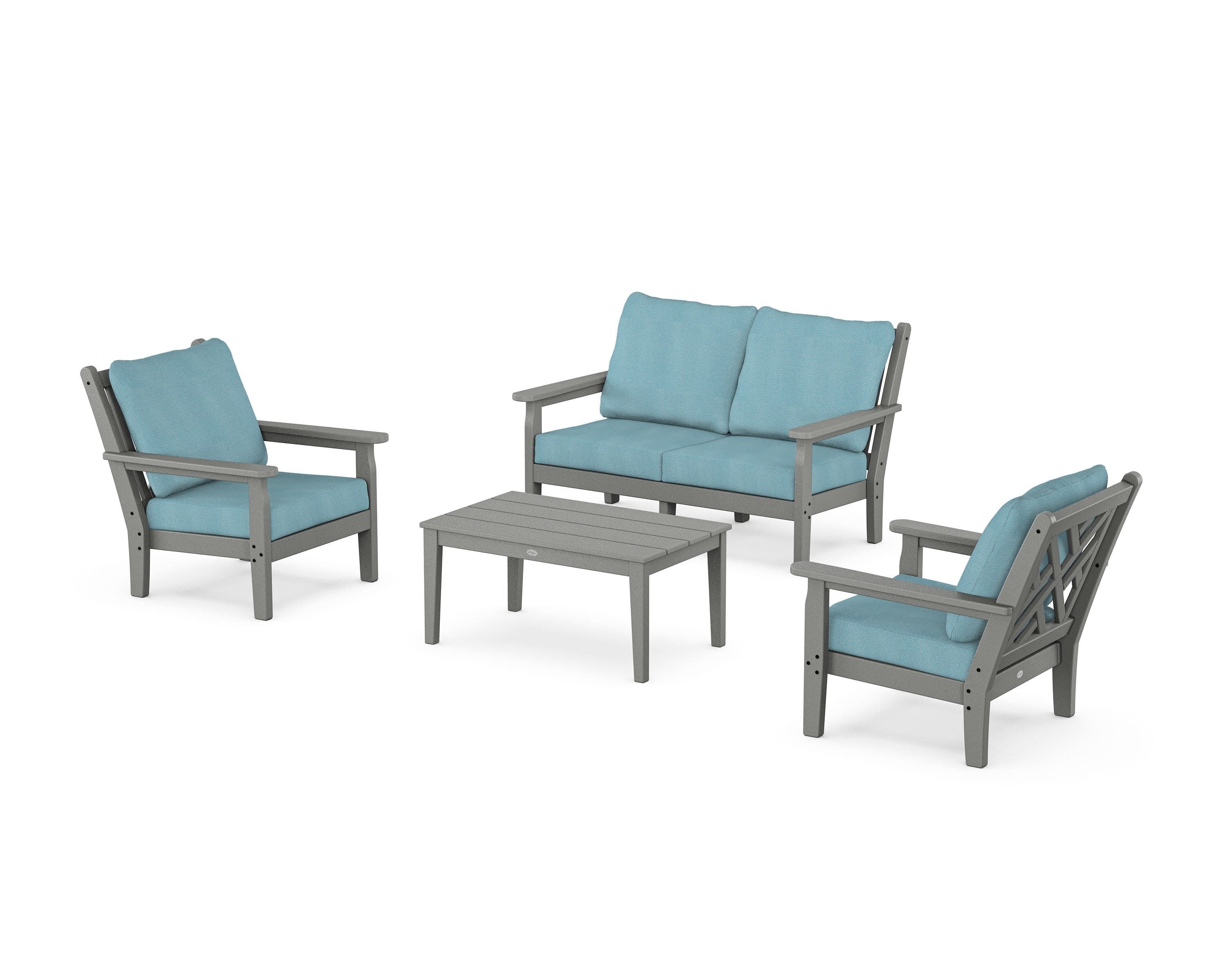 Chippendale 4-Piece Deep Seating Set with Loveseat in Slate Grey / Lattice Sky Blue