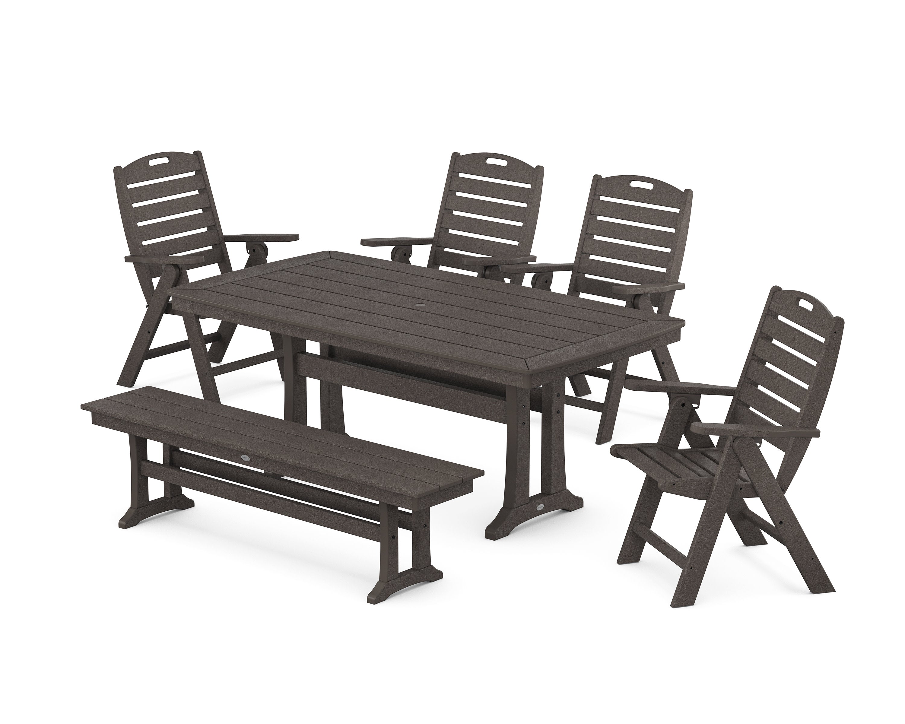 Nautical Highback 6-Piece Dining Set with Trestle Legs and Bench in Vintage Coffee