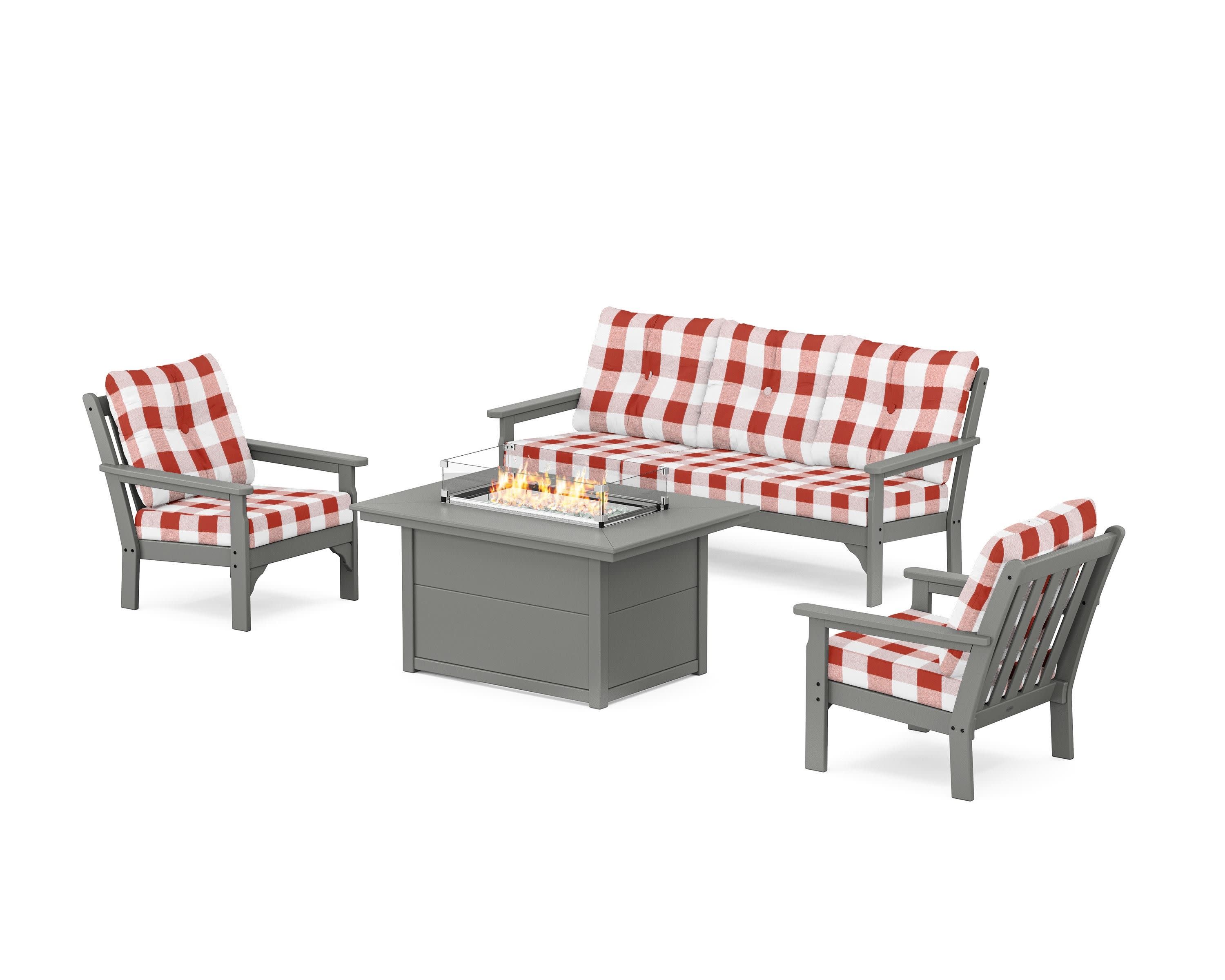 Vineyard Deep Seating Fire Pit Table Set in Slate Grey / Buffalo Plaid Crimson