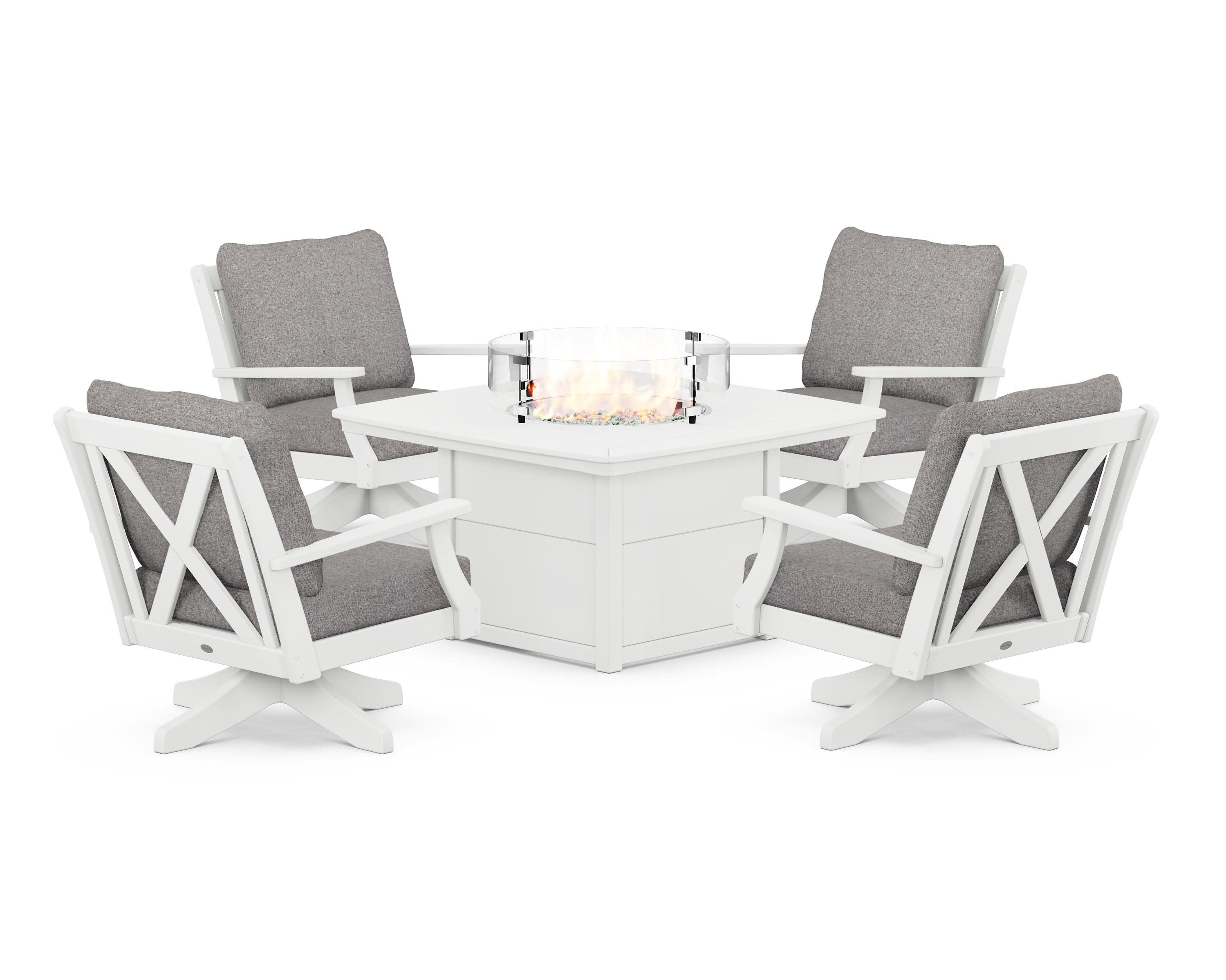 Braxton 5-Piece Deep Seating Swivel Conversation Set with Fire Pit Table in White / Grey Mist