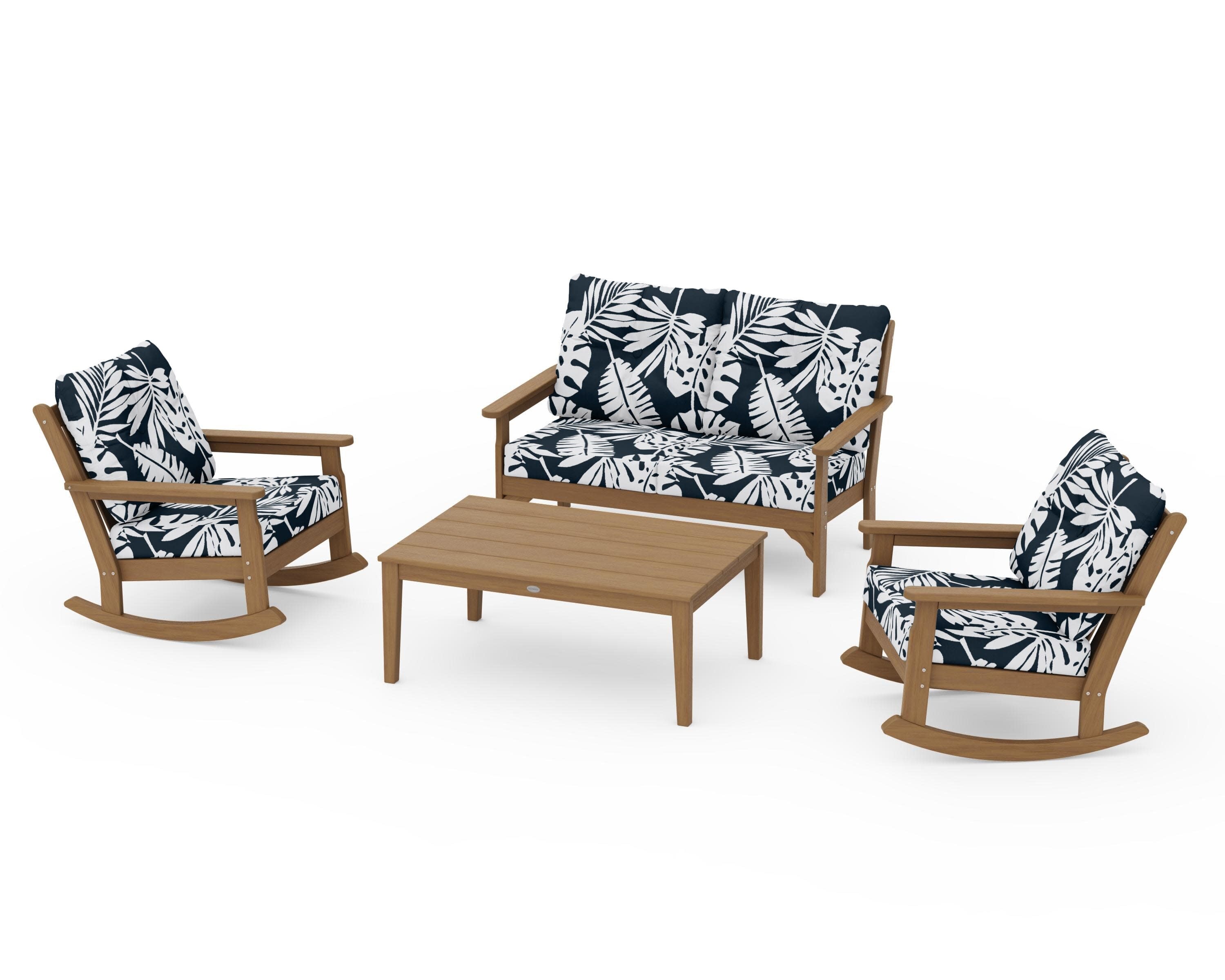 Vineyard 4-Piece Deep Seating Rocking Chair Set in Natural / Leaf Marine Indigo