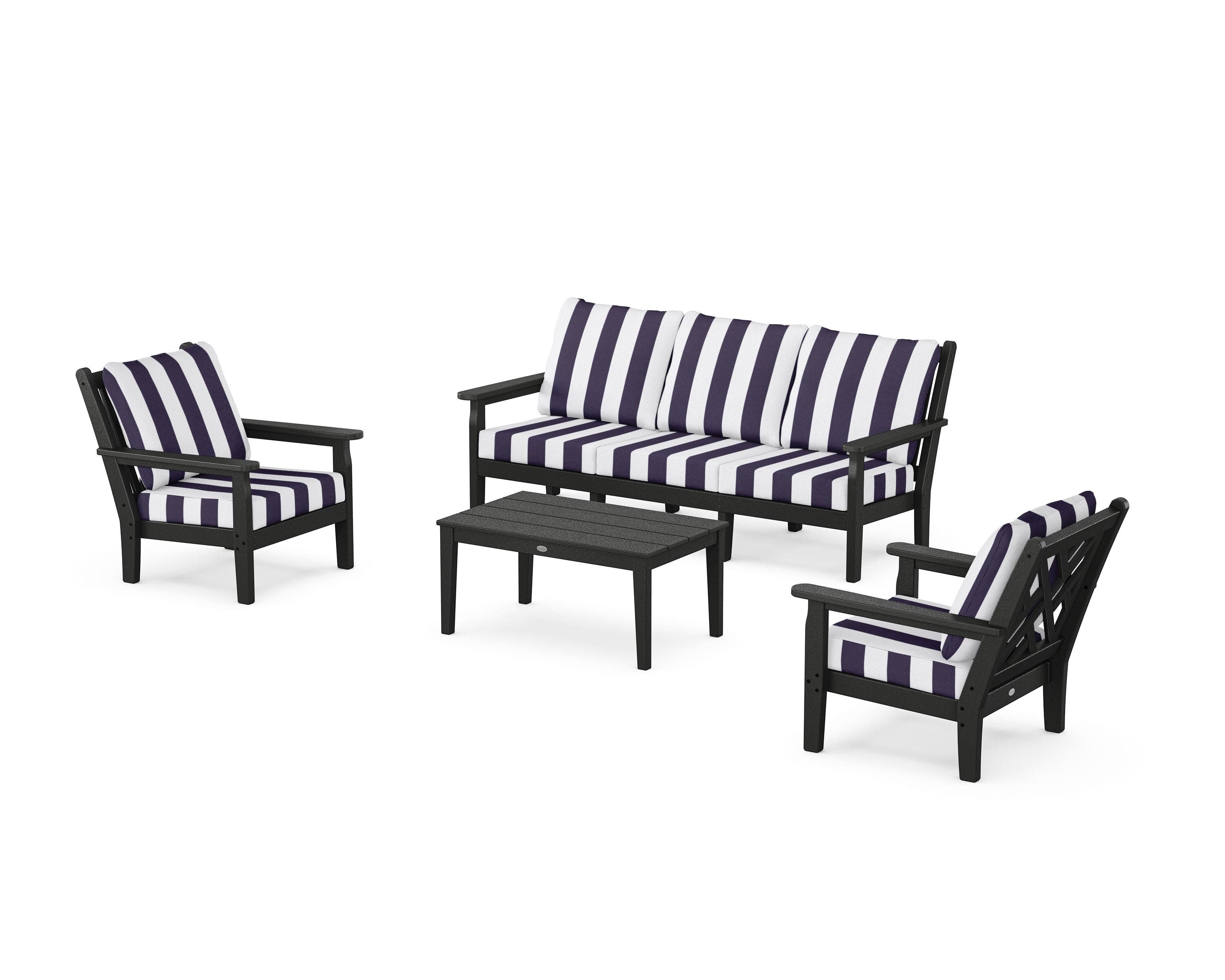 Chippendale 4-Piece Deep Seating Set with Sofa in Black / Cabana Stripe Navy