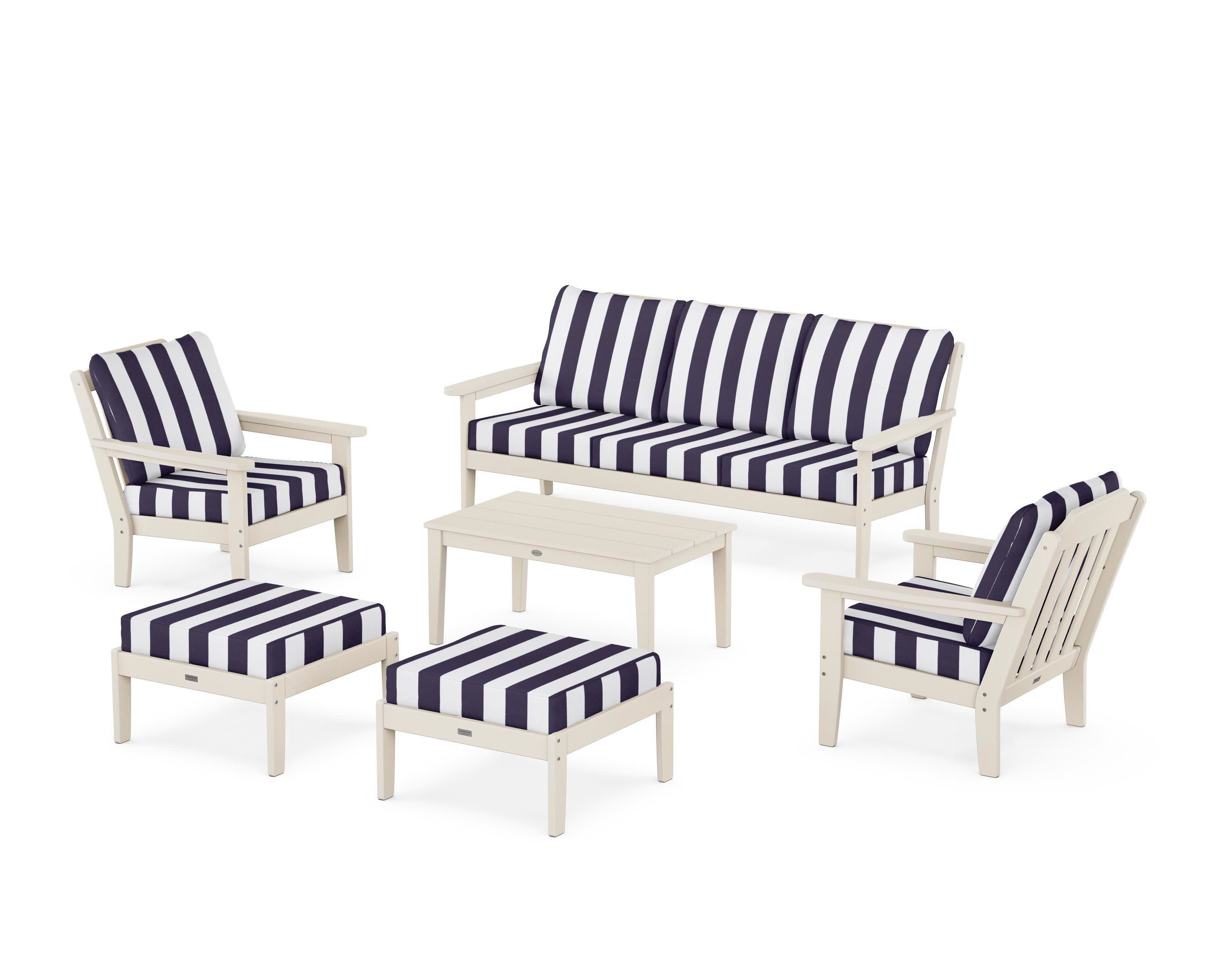 Cottage 6-Piece Lounge Sofa Set in Sand / Cabana Stripe Navy
