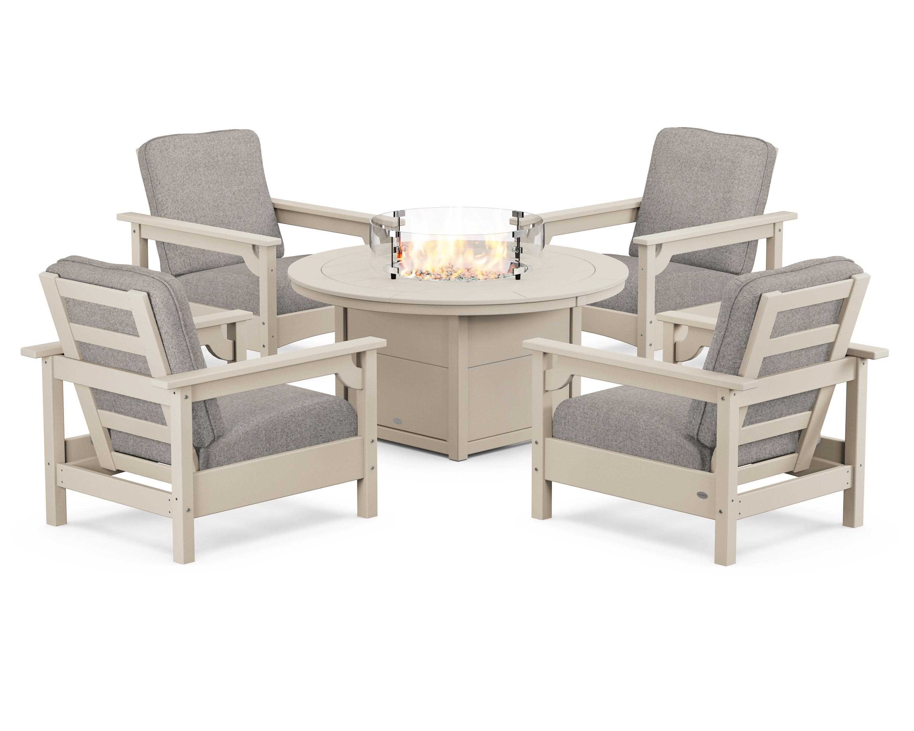 Club 5-Piece Conversation Set with Fire Pit Table in Sand / Weathered Tweed