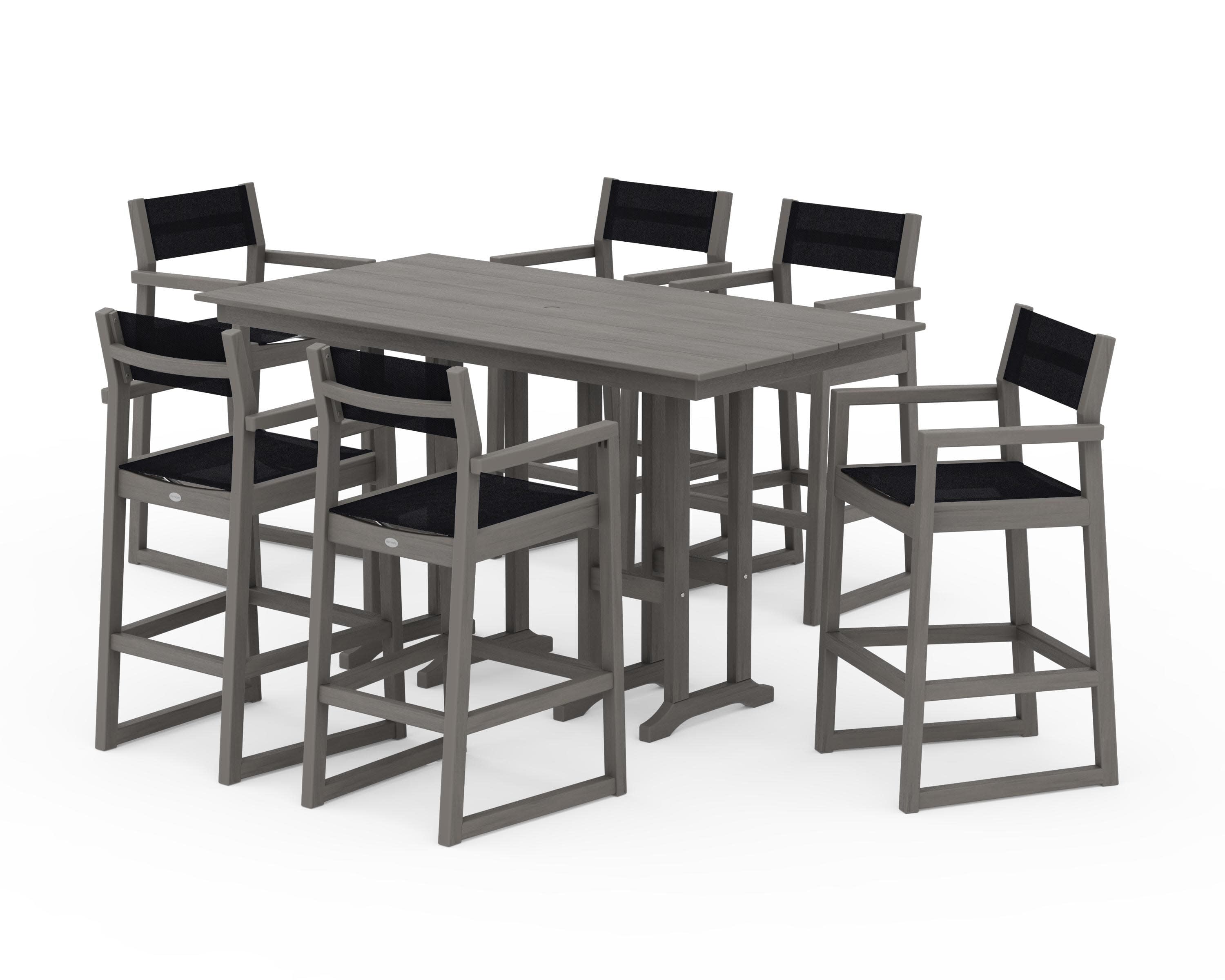 EDGE Sling Arm Chair 7-Piece Farmhouse Bar Set in Driftwood / Black Sling