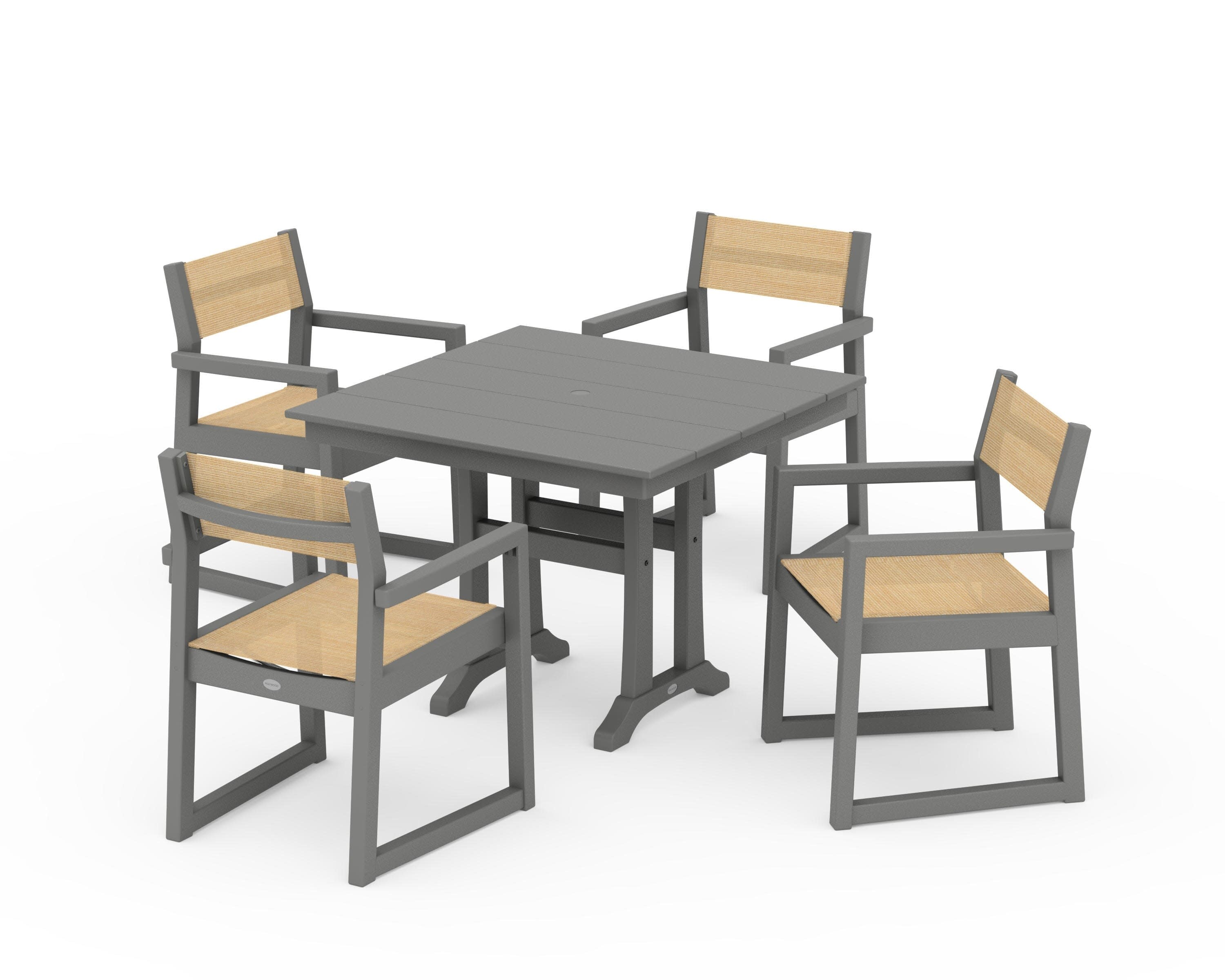 EDGE Sling 5-Piece Farmhouse Dining Set with Trestle Legs in Slate Grey / Dupioni Apricot Sling