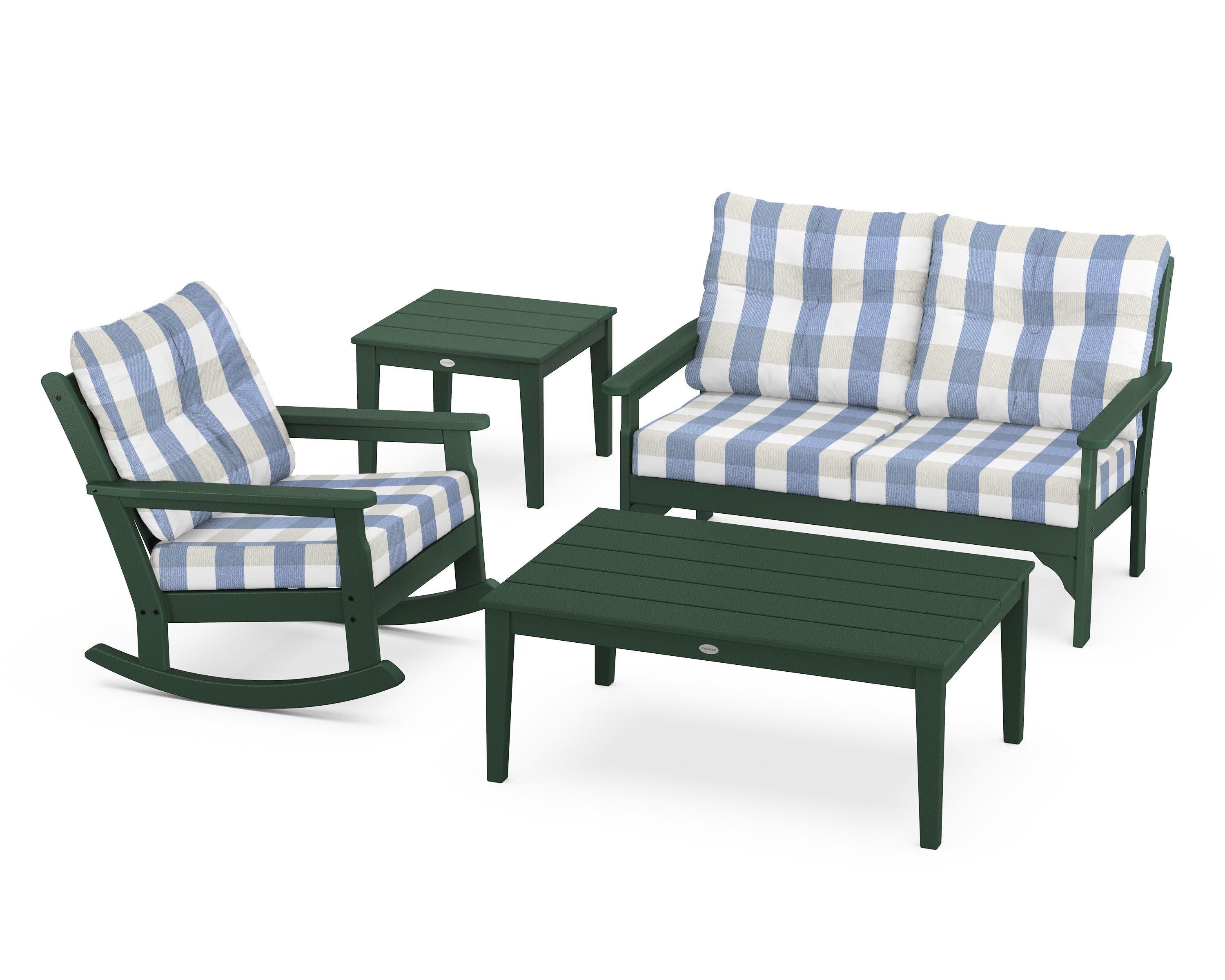 Vineyard 4-Piece Deep Seating Rocker Set in Green / Buffalo Plaid Sky Blue