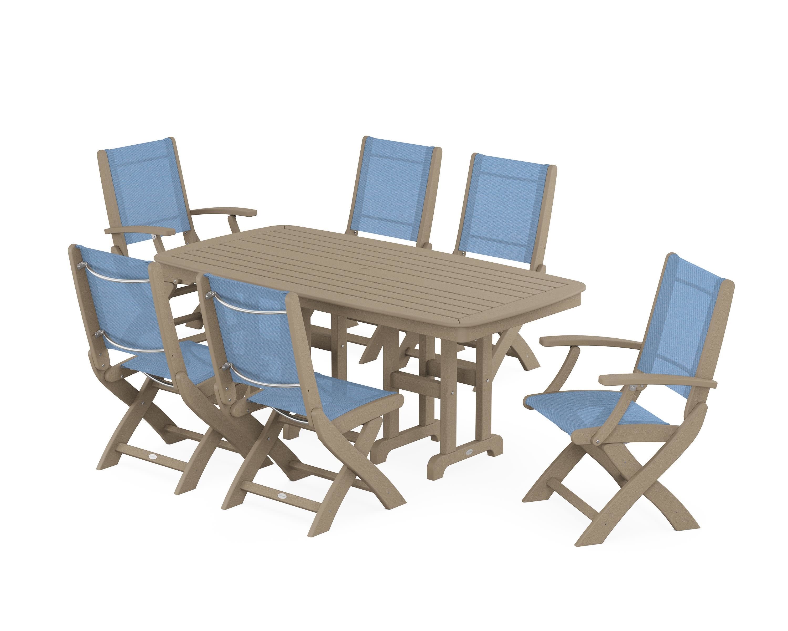 Coastal Folding Chair 7-Piece Dining Set in Vintage Sahara / Poolside Sling