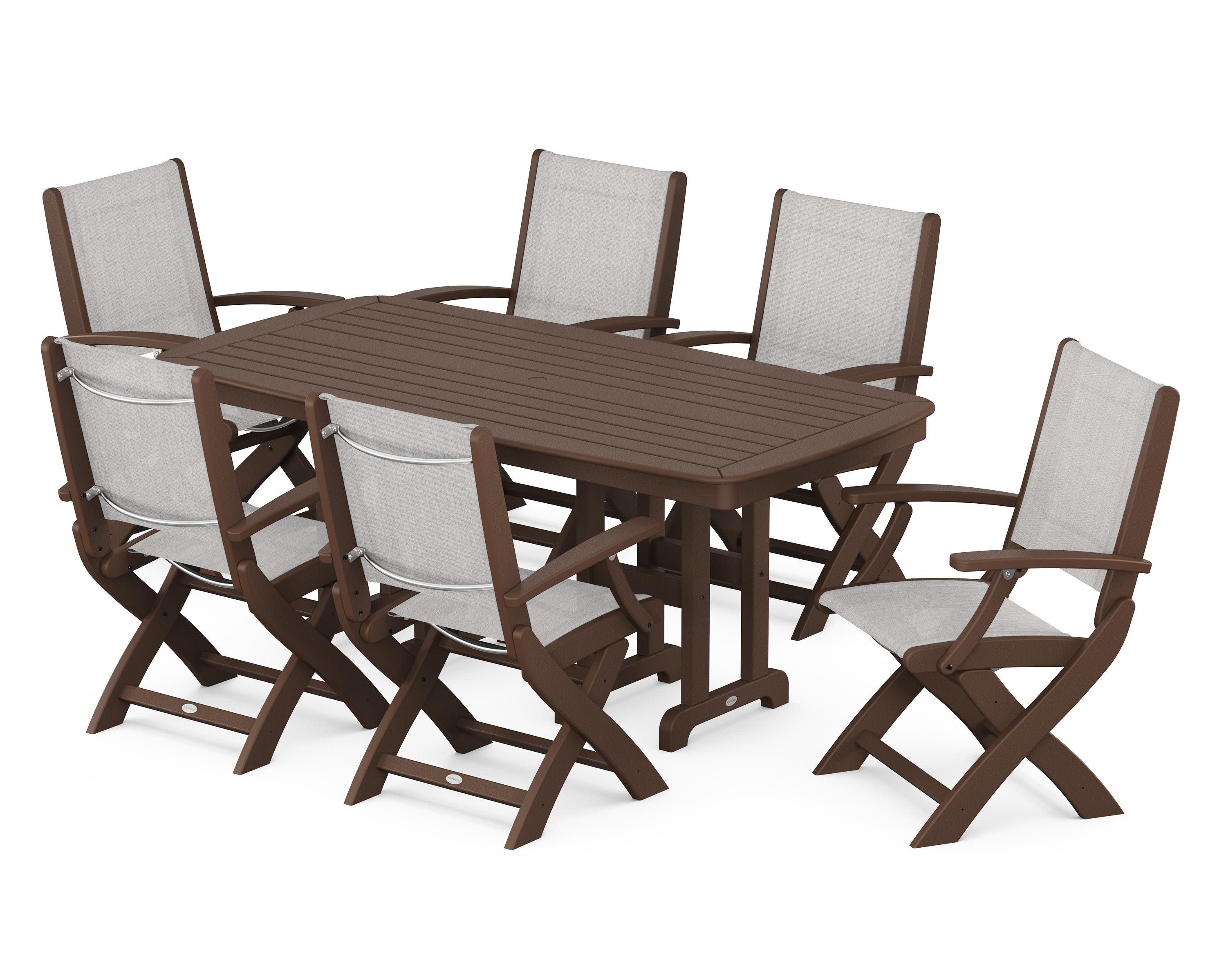 Coastal Folding Arm Chair 7-Piece Dining Set in Mahogany / Parchment Sling