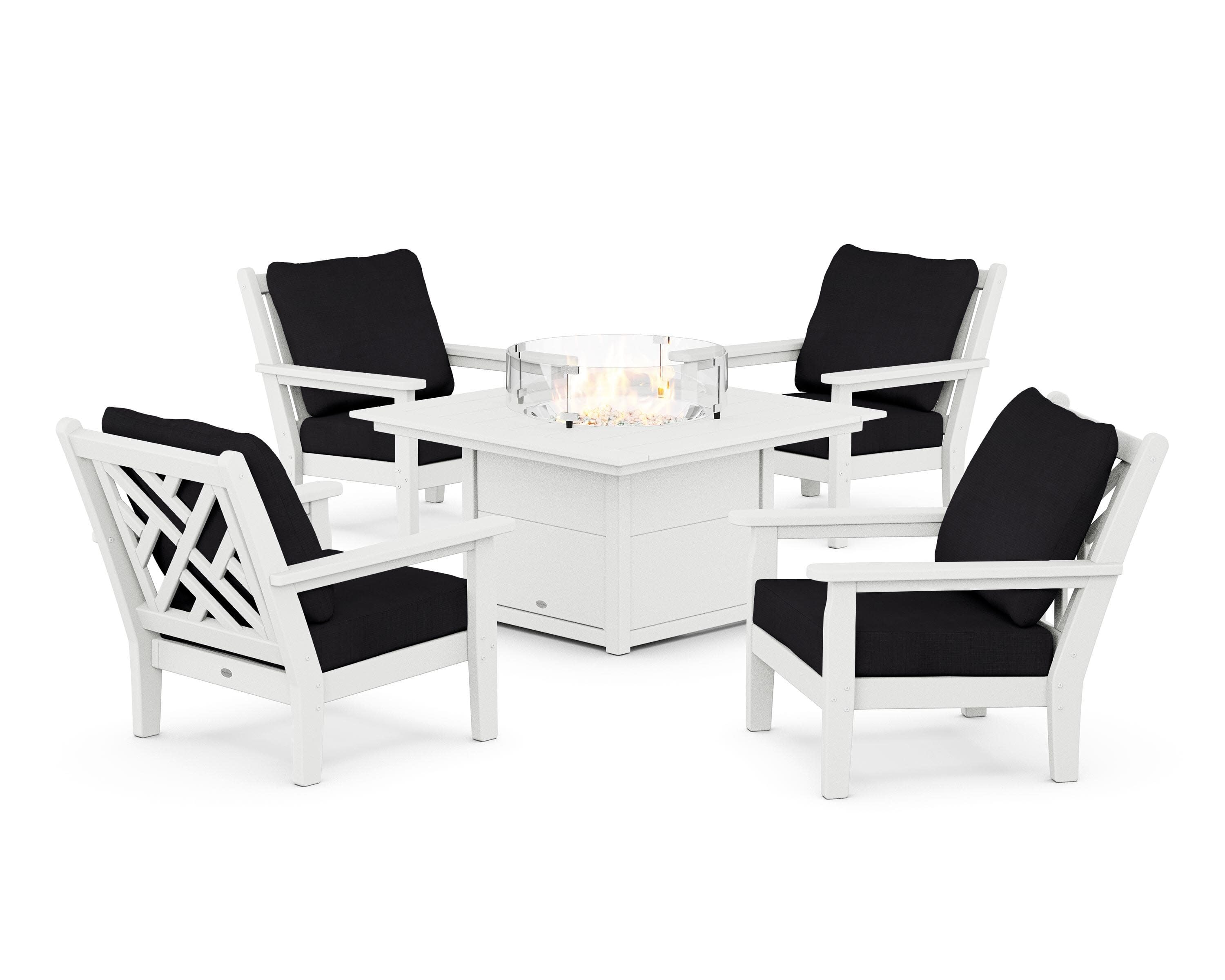 Chippendale 5-Piece Deep Seating Set with Fire Pit Table in White / Midnight Linen