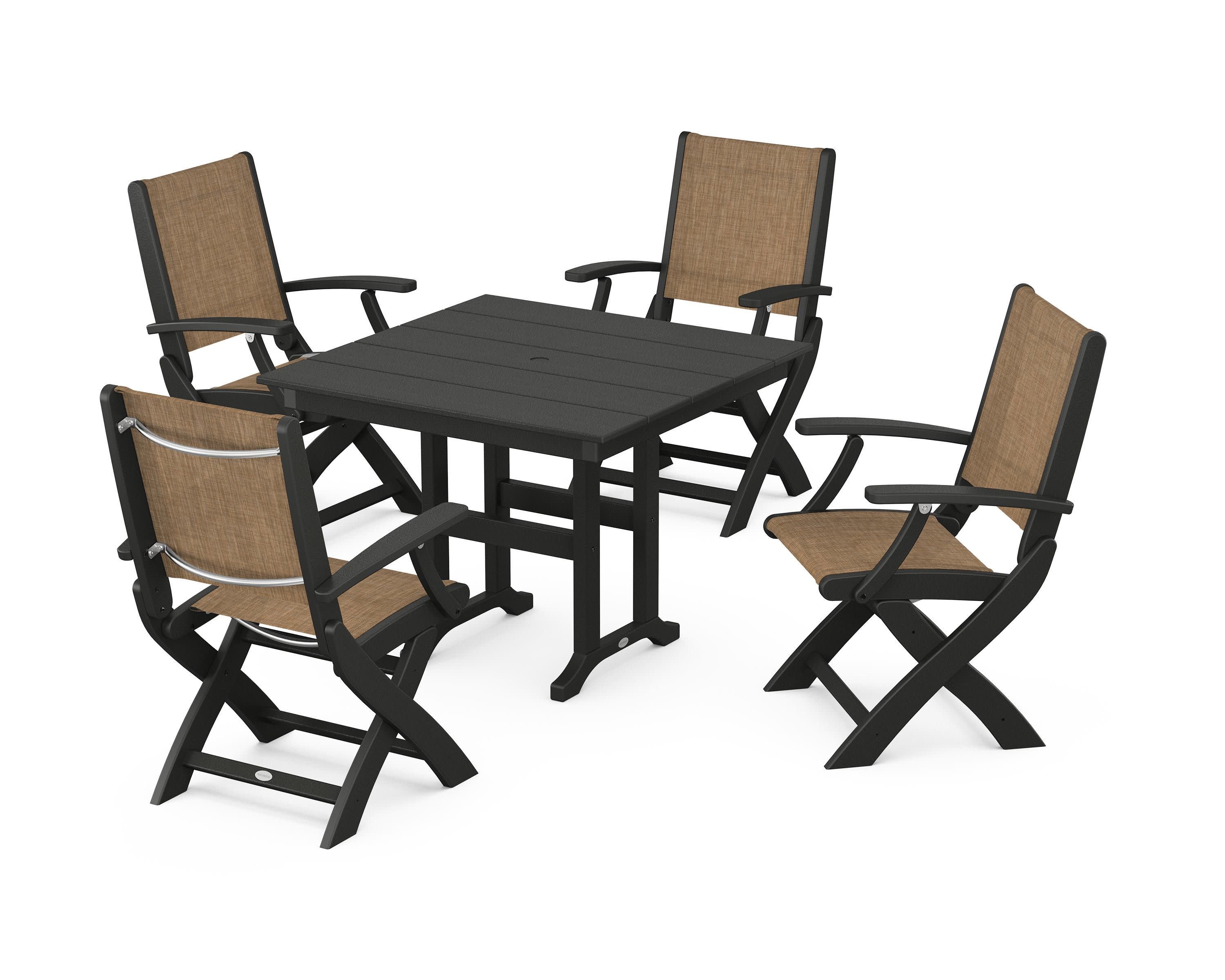 Coastal Folding Chair 5-Piece Farmhouse Dining Set in Black / Burlap Sling