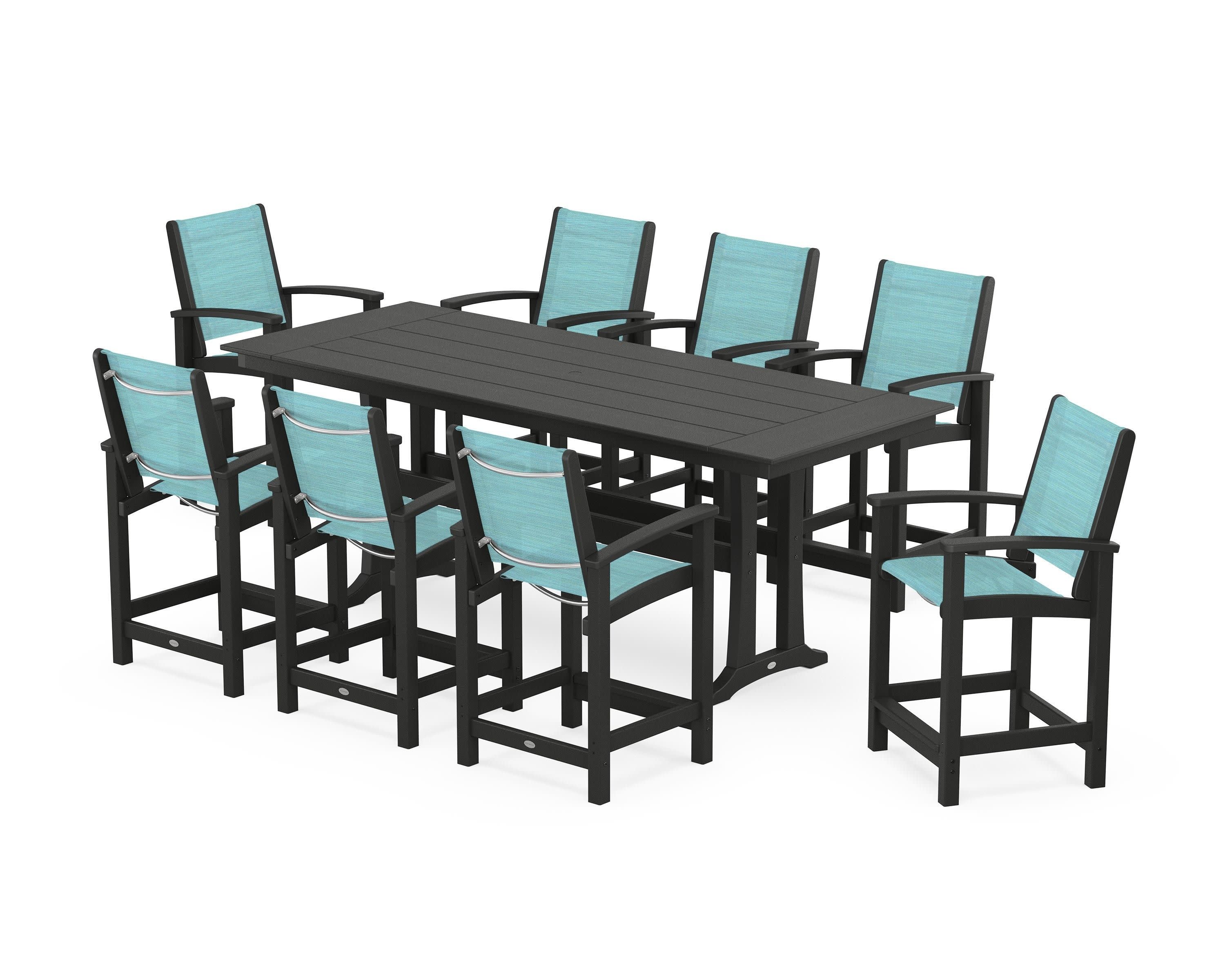 Coastal 9-Piece Farmhouse Counter Set with Trestle Legs in Black / Dupioni Aquamarine Sling