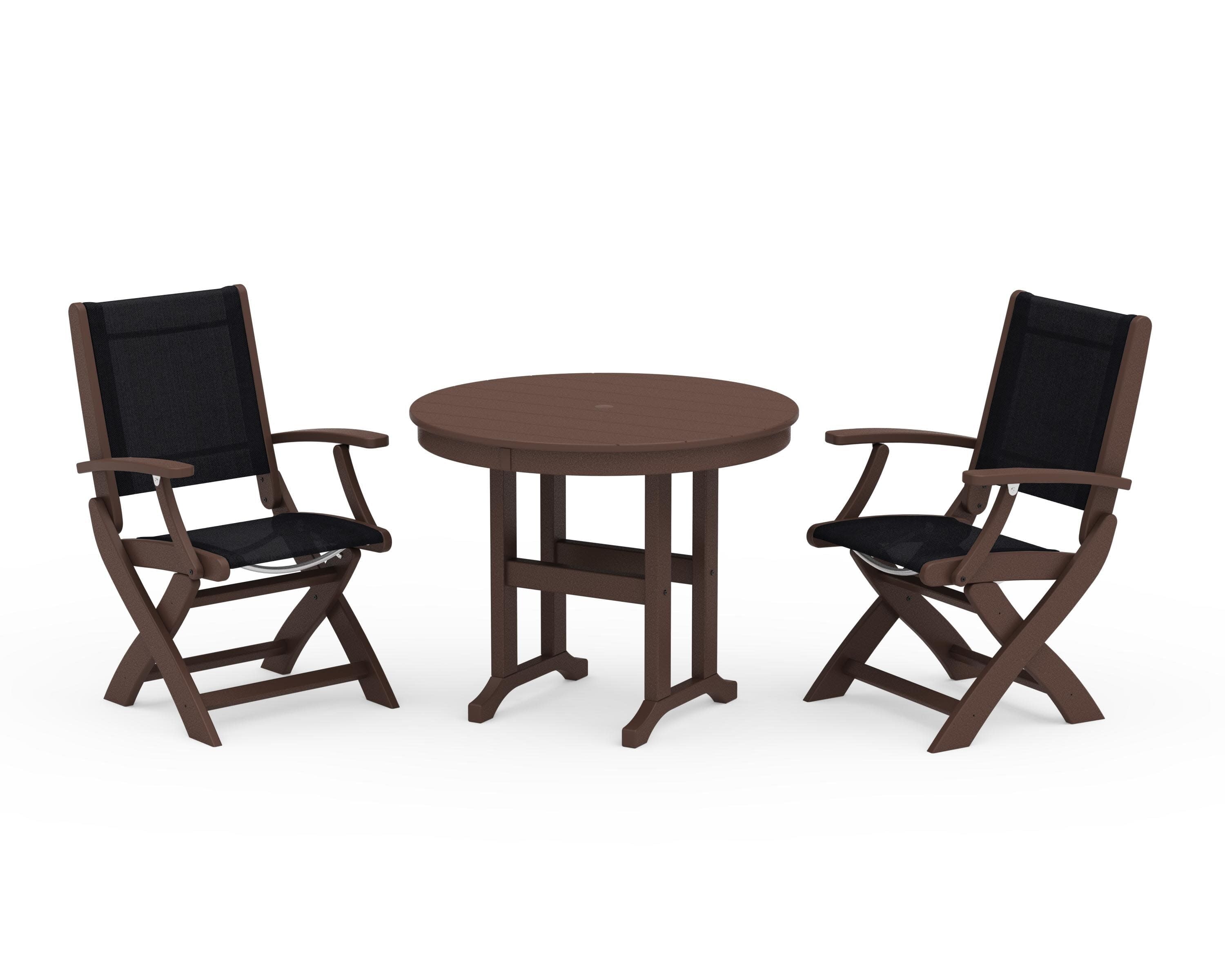 Coastal Folding Chair 3-Piece Round Dining Set in Mahogany / Black Sling