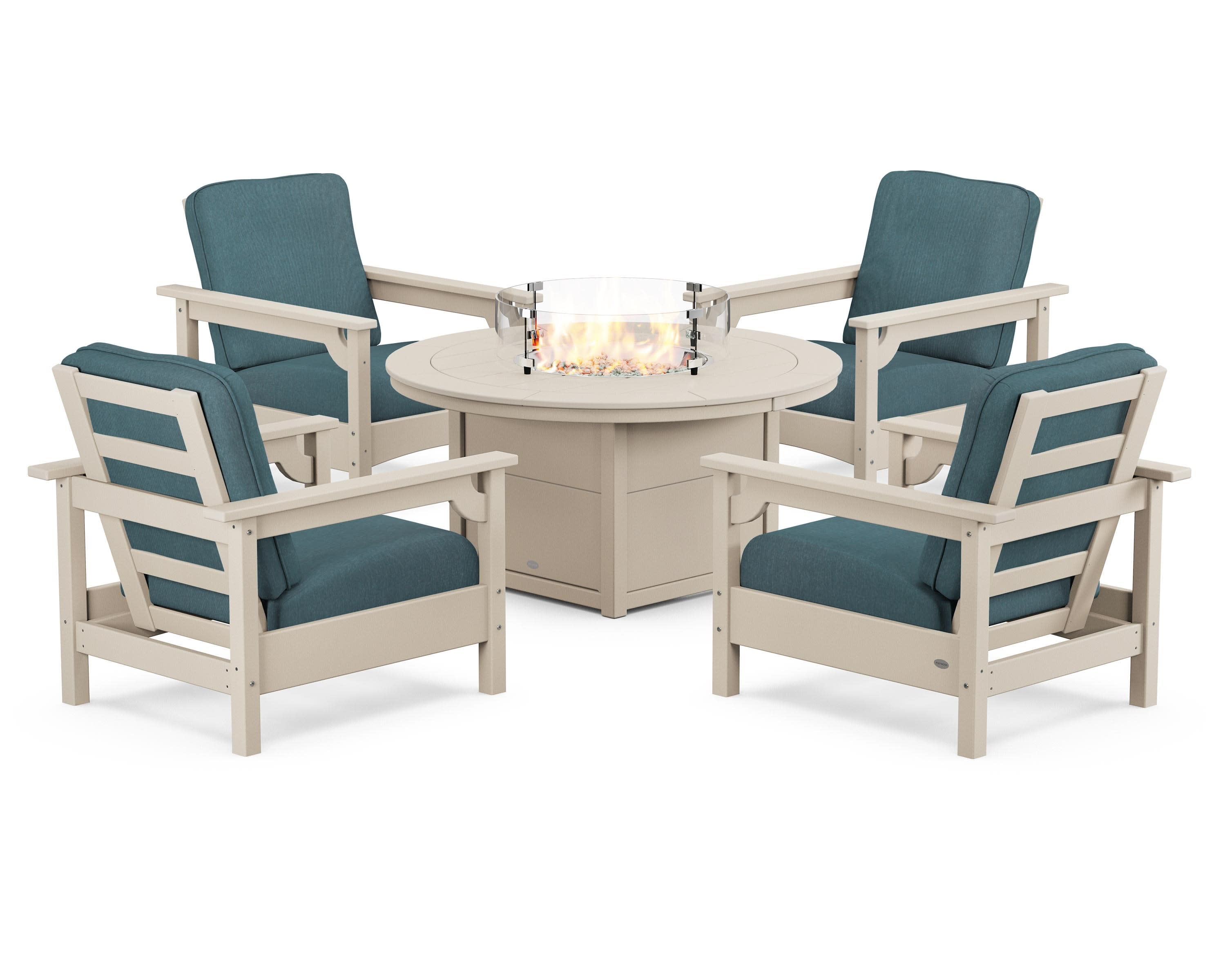 Club 5-Piece Conversation Set with Fire Pit Table in Sand / Ocean Teal
