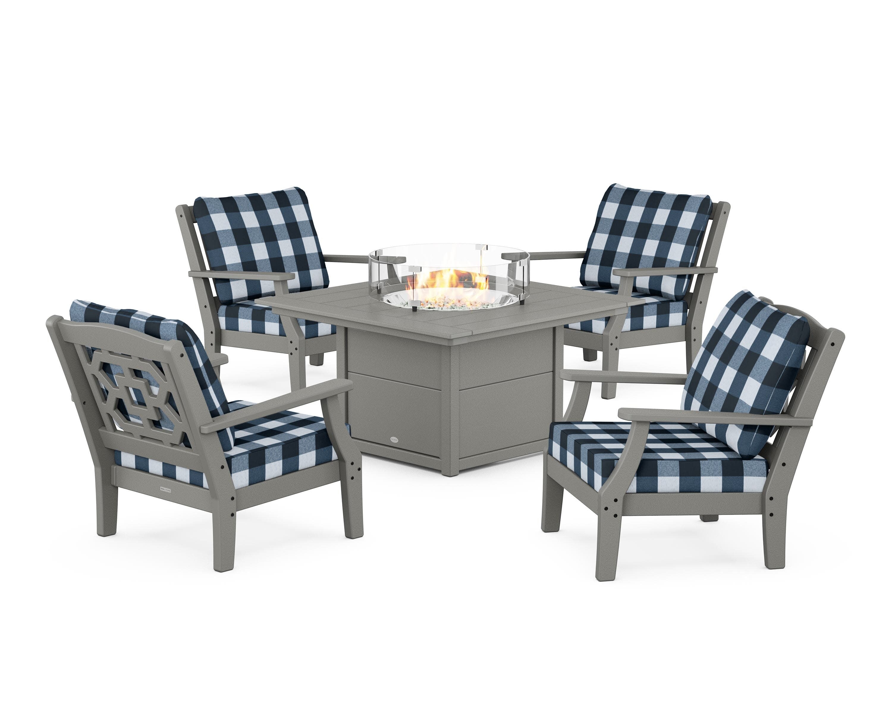 Chinoiserie 5-Piece Deep Seating Set with Fire Pit Table in Slate Grey / Buffalo Plaid Marine Indigo
