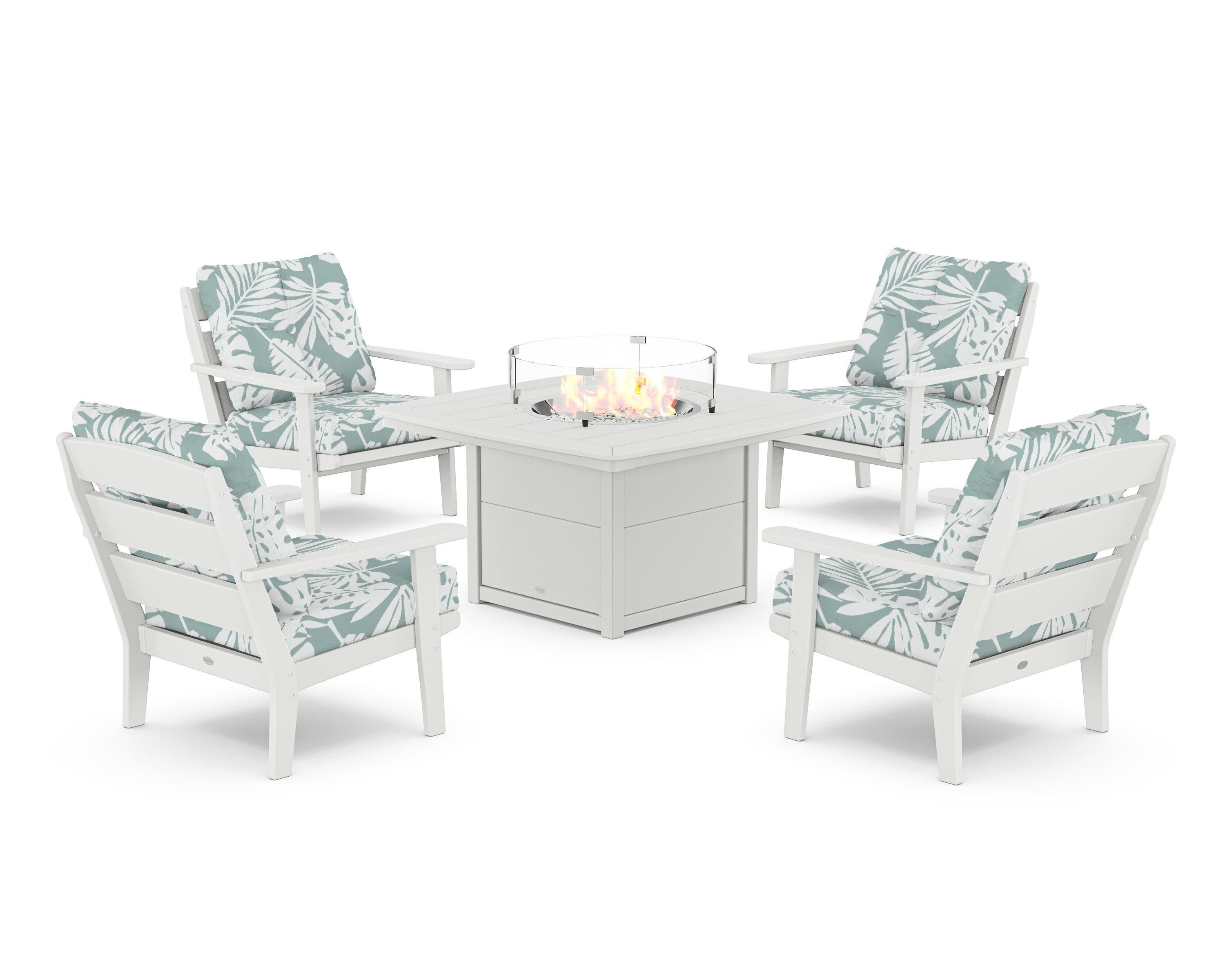 Lakeside 5-Piece Deep Seating Set with Nautical Fire Pit Table in White / Leaf Glacier Spa