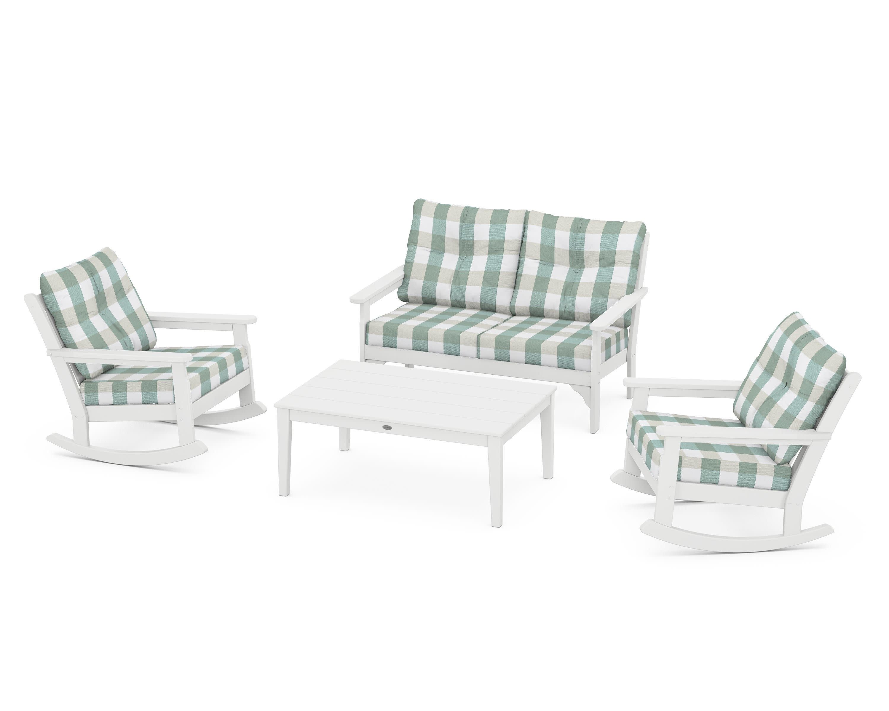 Vineyard 4-Piece Deep Seating Rocking Chair Set in White / Buffalo Plaid Glacier Spa