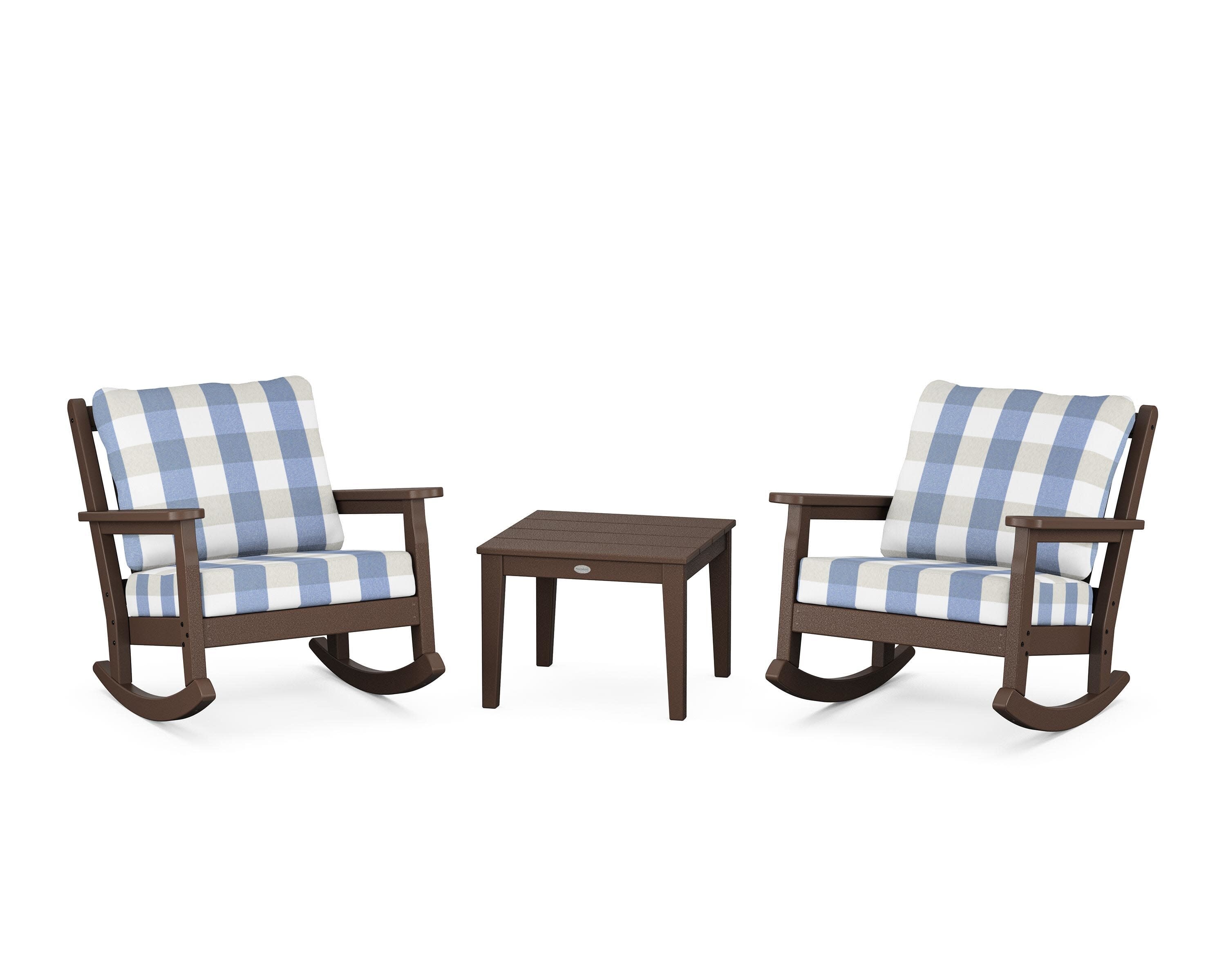 Chippendale 3-Piece Deep Seating Rocker Set in Mahogany / Buffalo Plaid Sky Blue