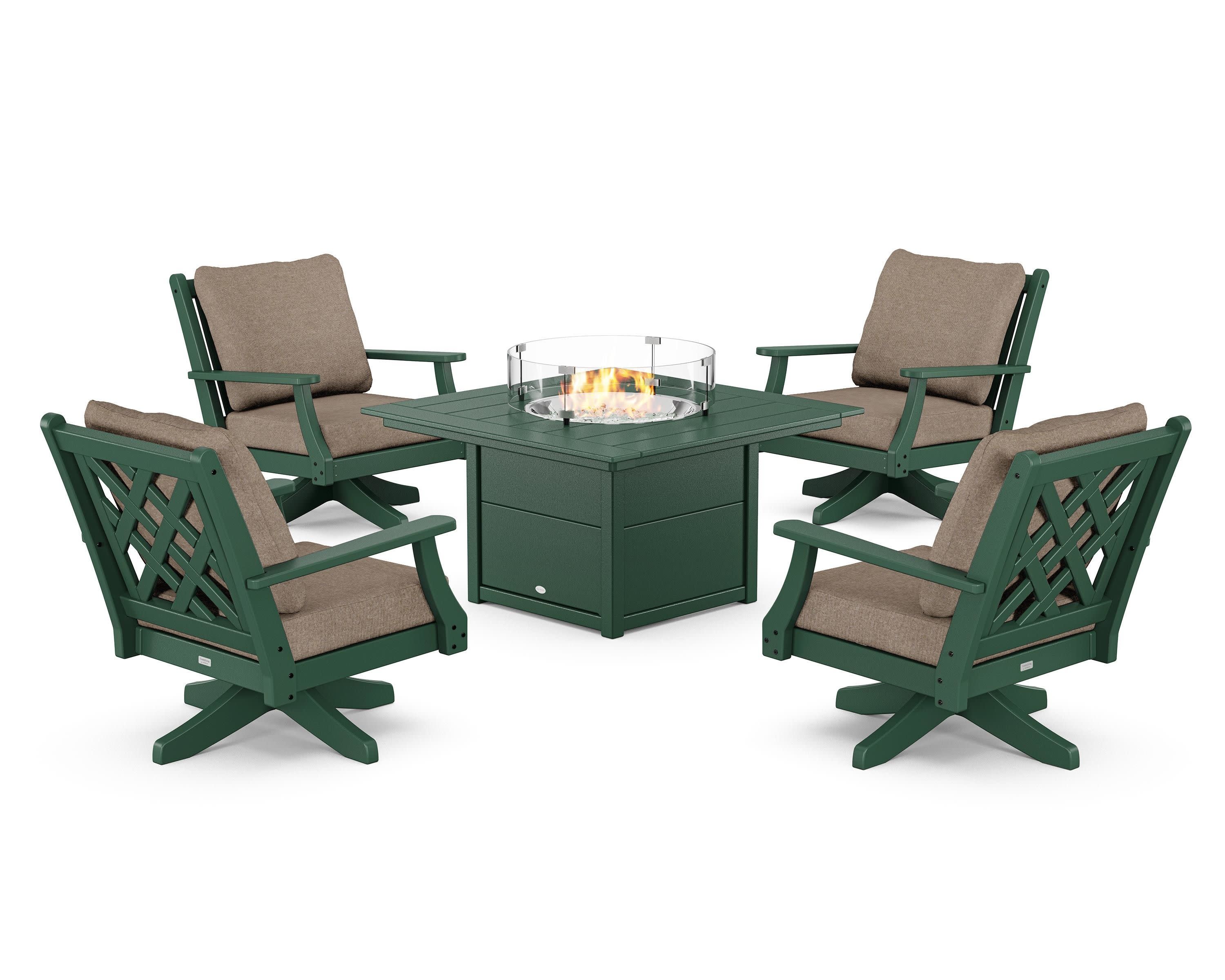 Wovendale 5-Piece Deep Seating Swivel Conversation Set with Fire Pit Table in Green / Spiced Burlap