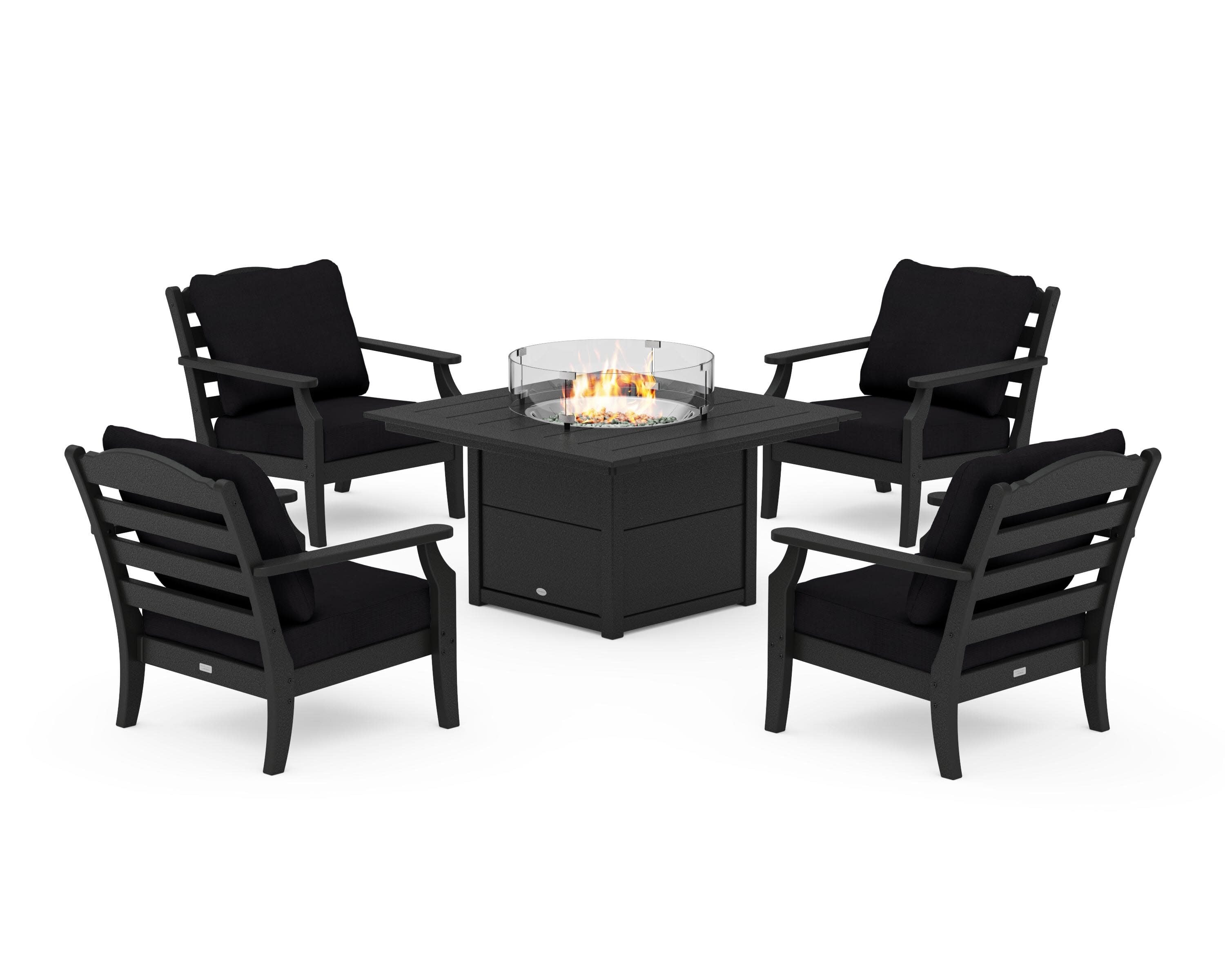 Savannah 5-Piece Deep Seating Set with Fire Pit Table in Black / Midnight Linen