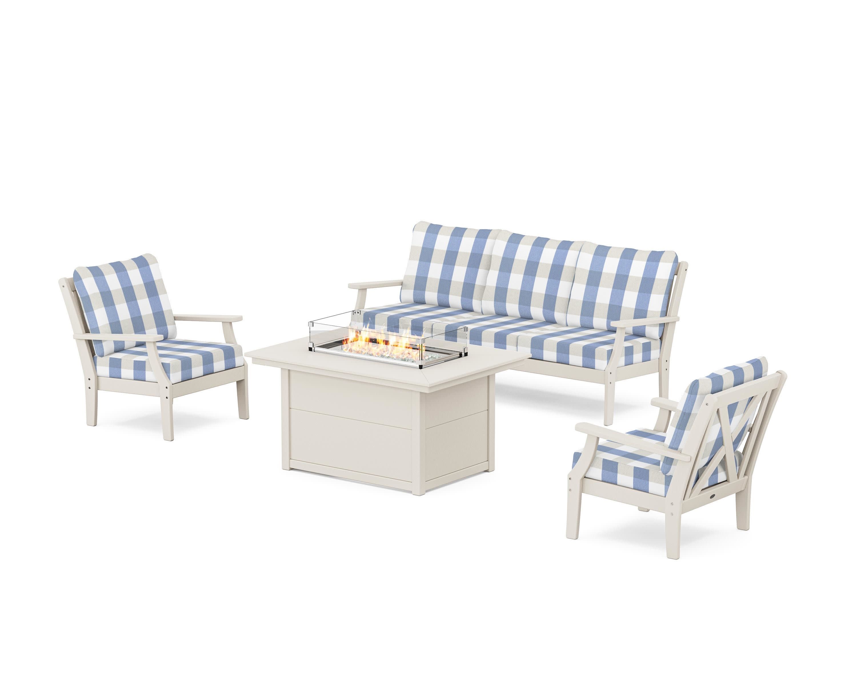 Braxton Deep Seating Fire Pit Table Set in Sand / Buffalo Plaid Sky Blue