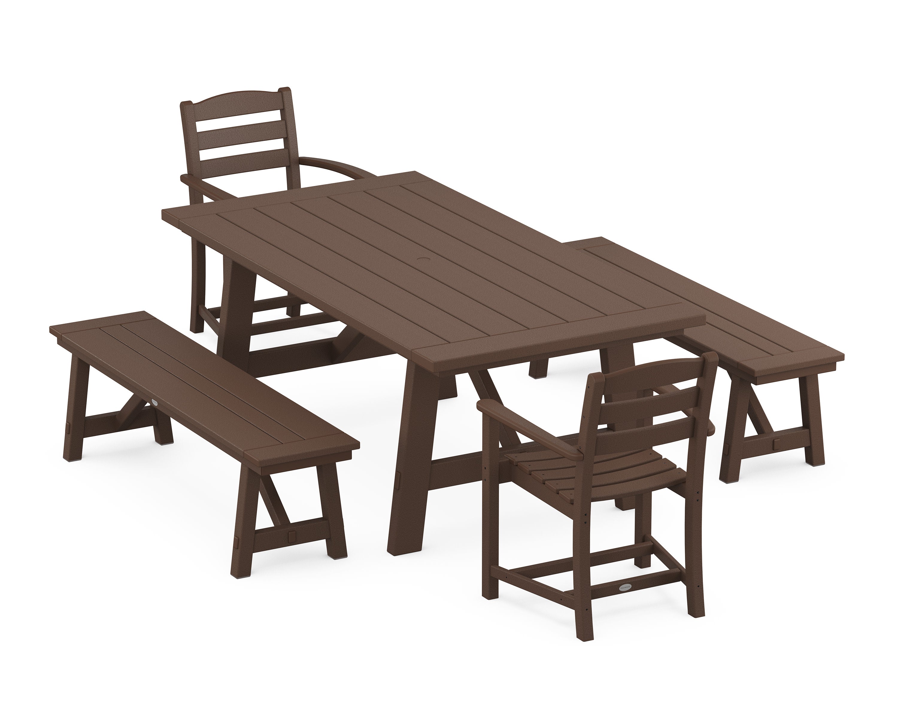 La Casa Caf 5-Piece Rustic Farmhouse Dining Set With Benches in Mahogany