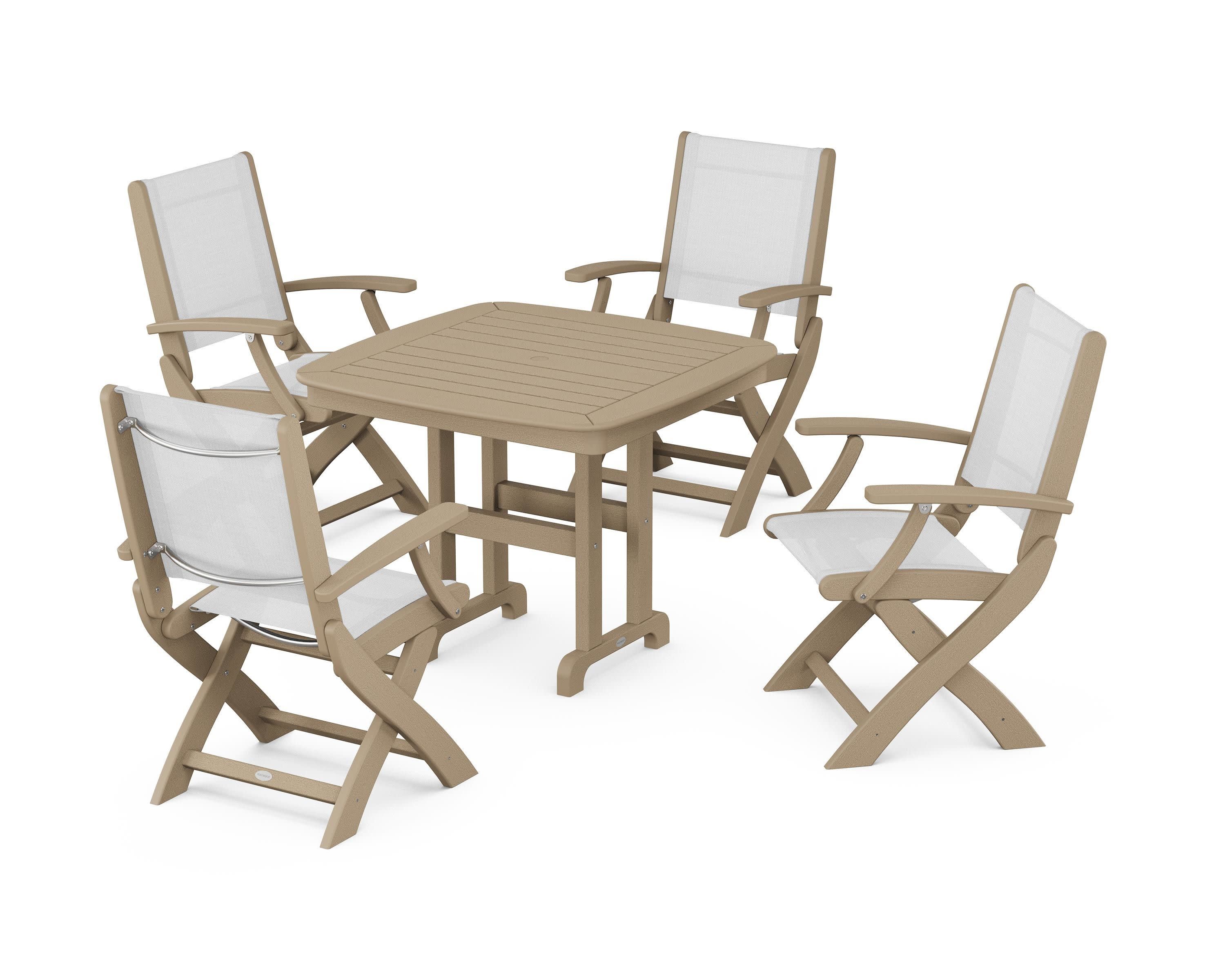 Coastal Folding Chair 5-Piece Dining Set in Vintage Sahara / White Sling
