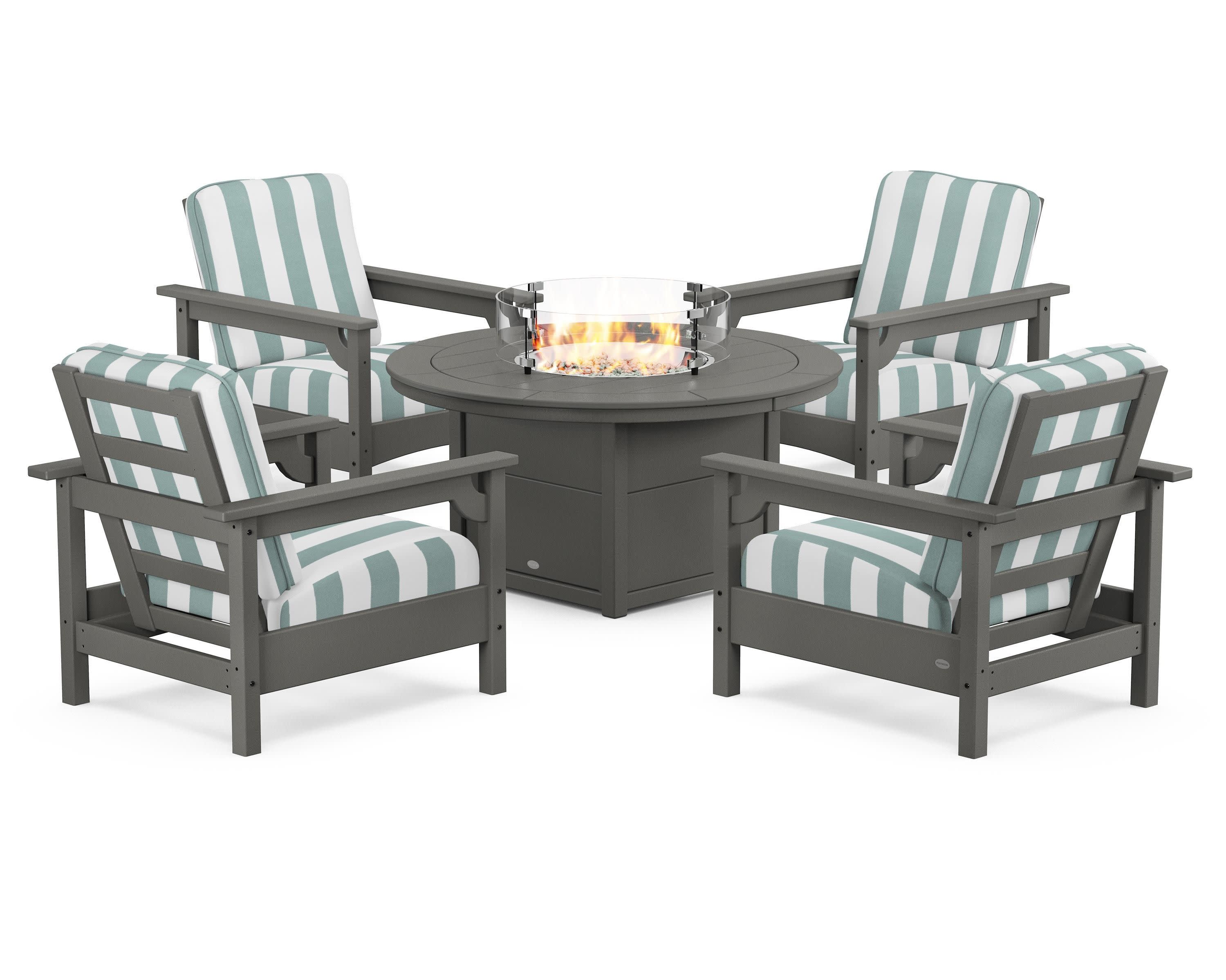 Club 5-Piece Conversation Set with Fire Pit Table in Slate Grey / Cabana Stripe Glacier Spa