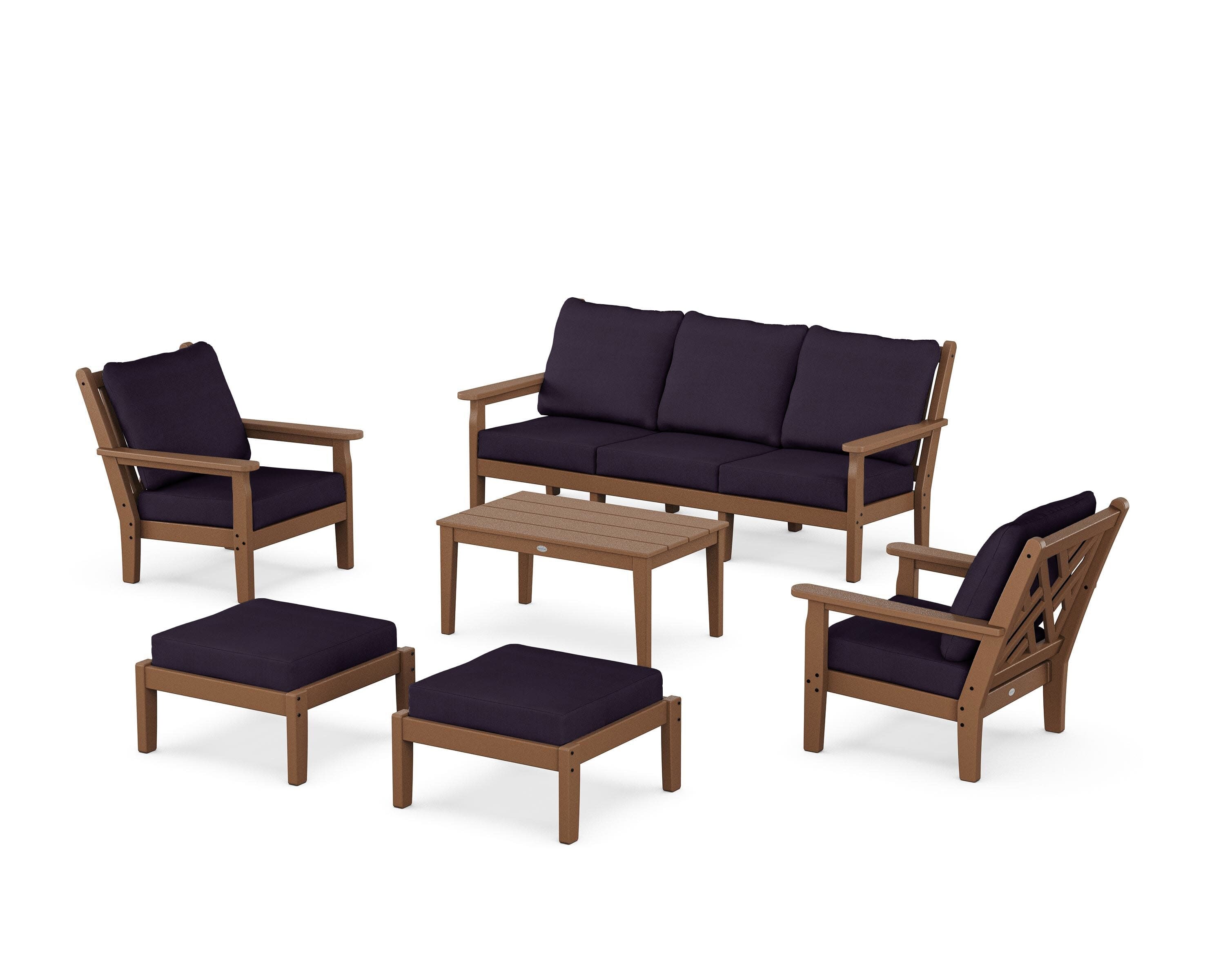 Chippendale 6-Piece Lounge Sofa Set in Teak / Navy Linen