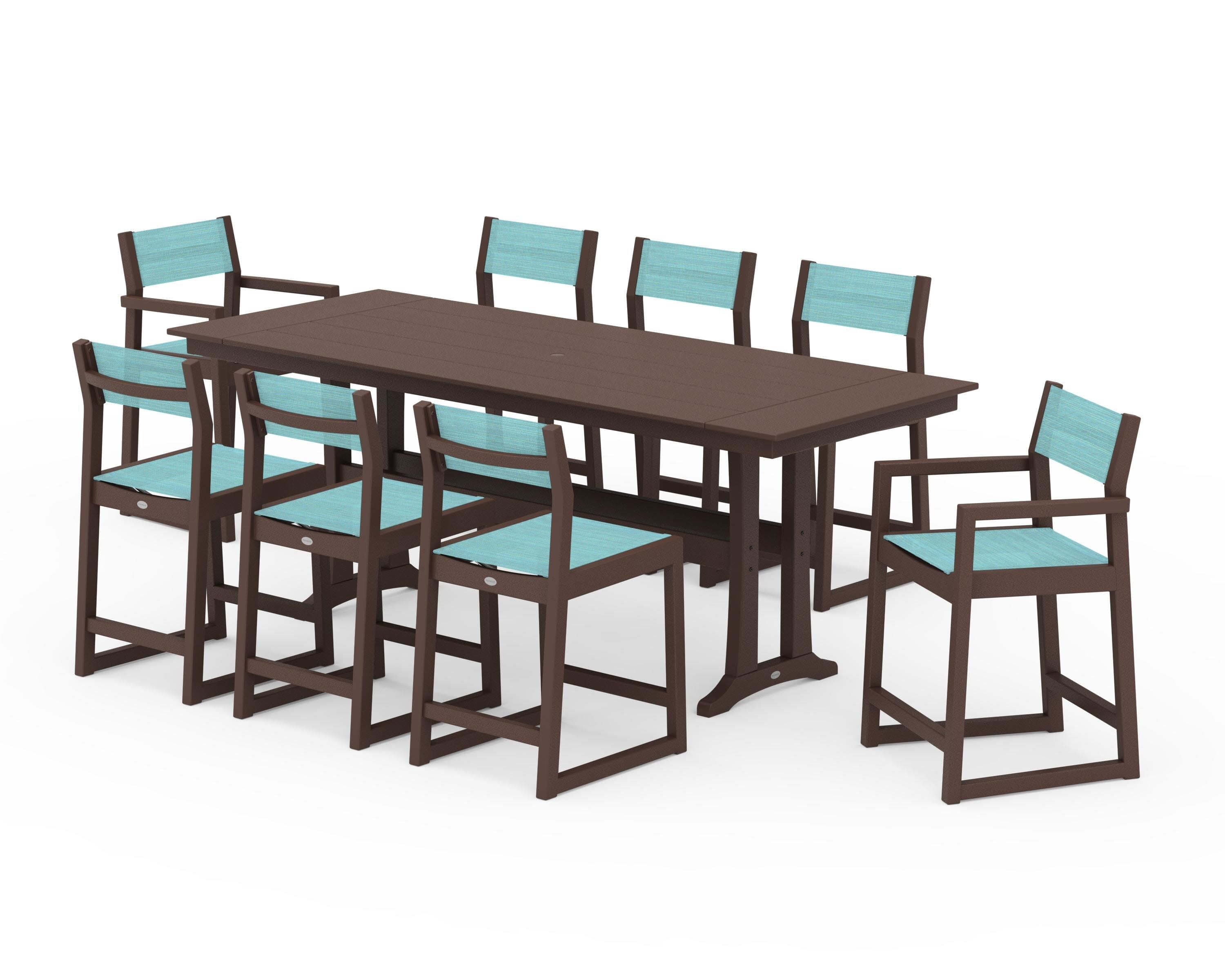 EDGE Sling 9-Piece Farmhouse Counter Set with Trestle Legs in Mahogany / Dupioni Aquamarine Sling