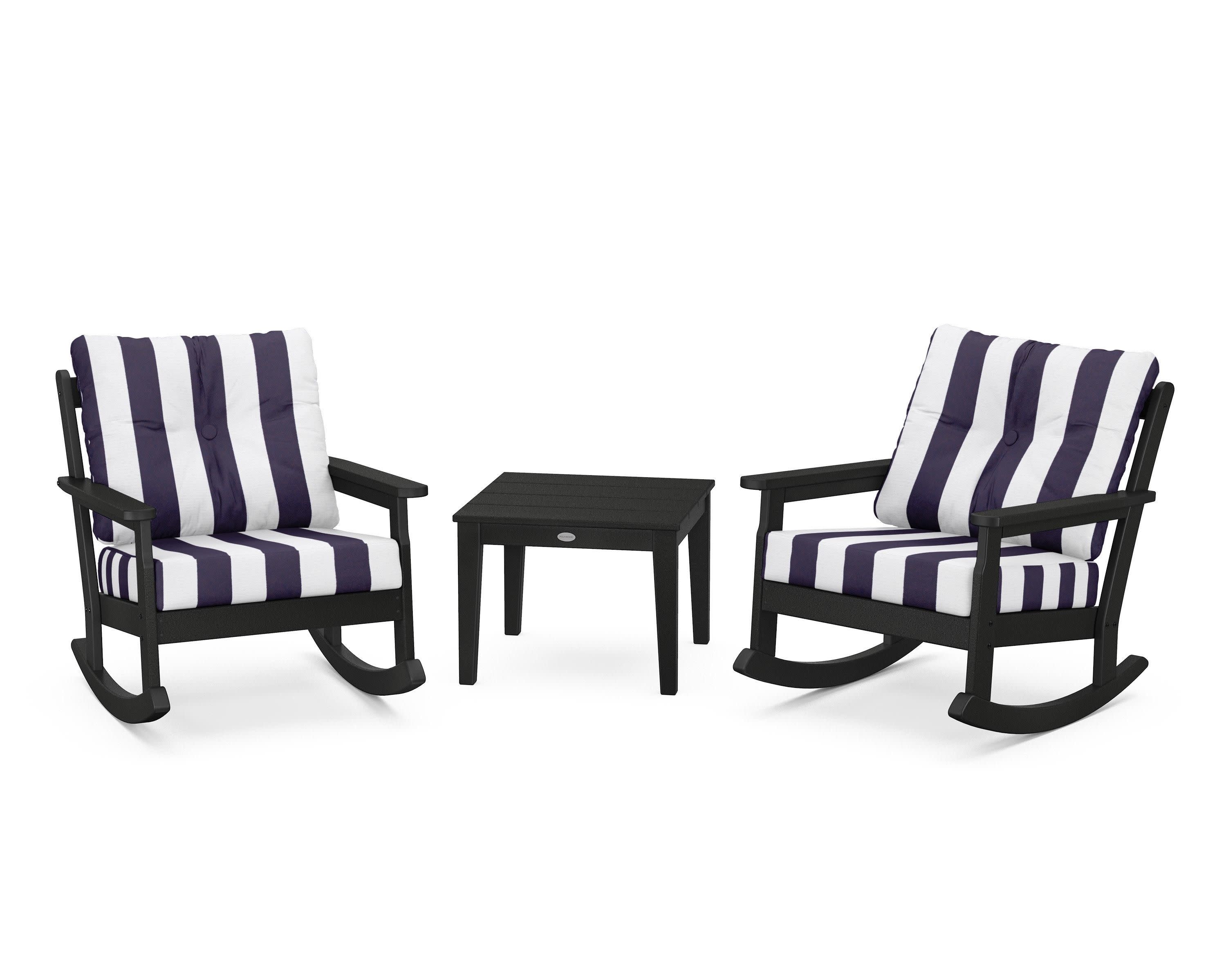 Vineyard 3-Piece Deep Seating Rocker Set in Black / Cabana Stripe Navy