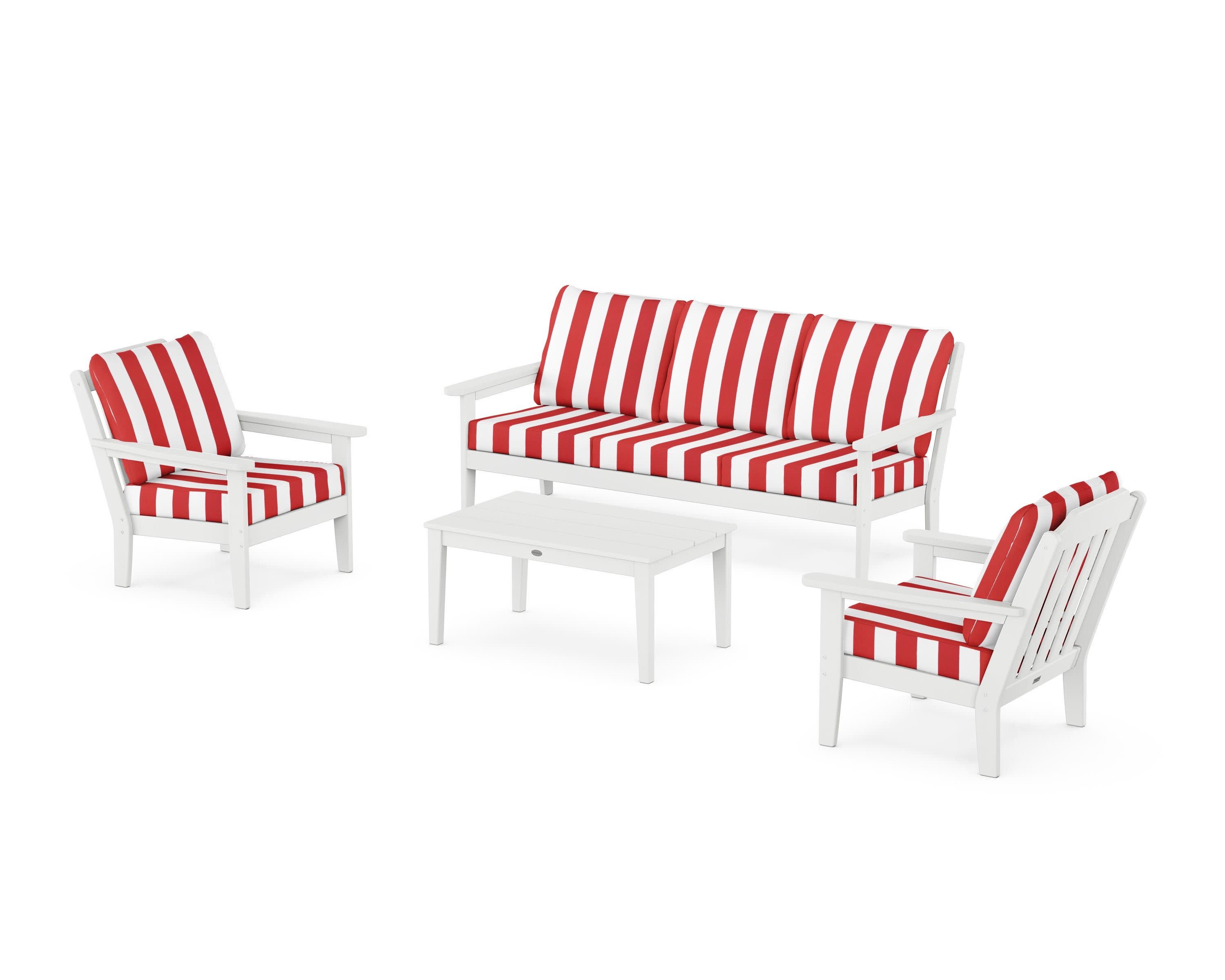 Cottage 4-Piece Deep Seating Set with Sofa in White / Cabana Stripe Crimson