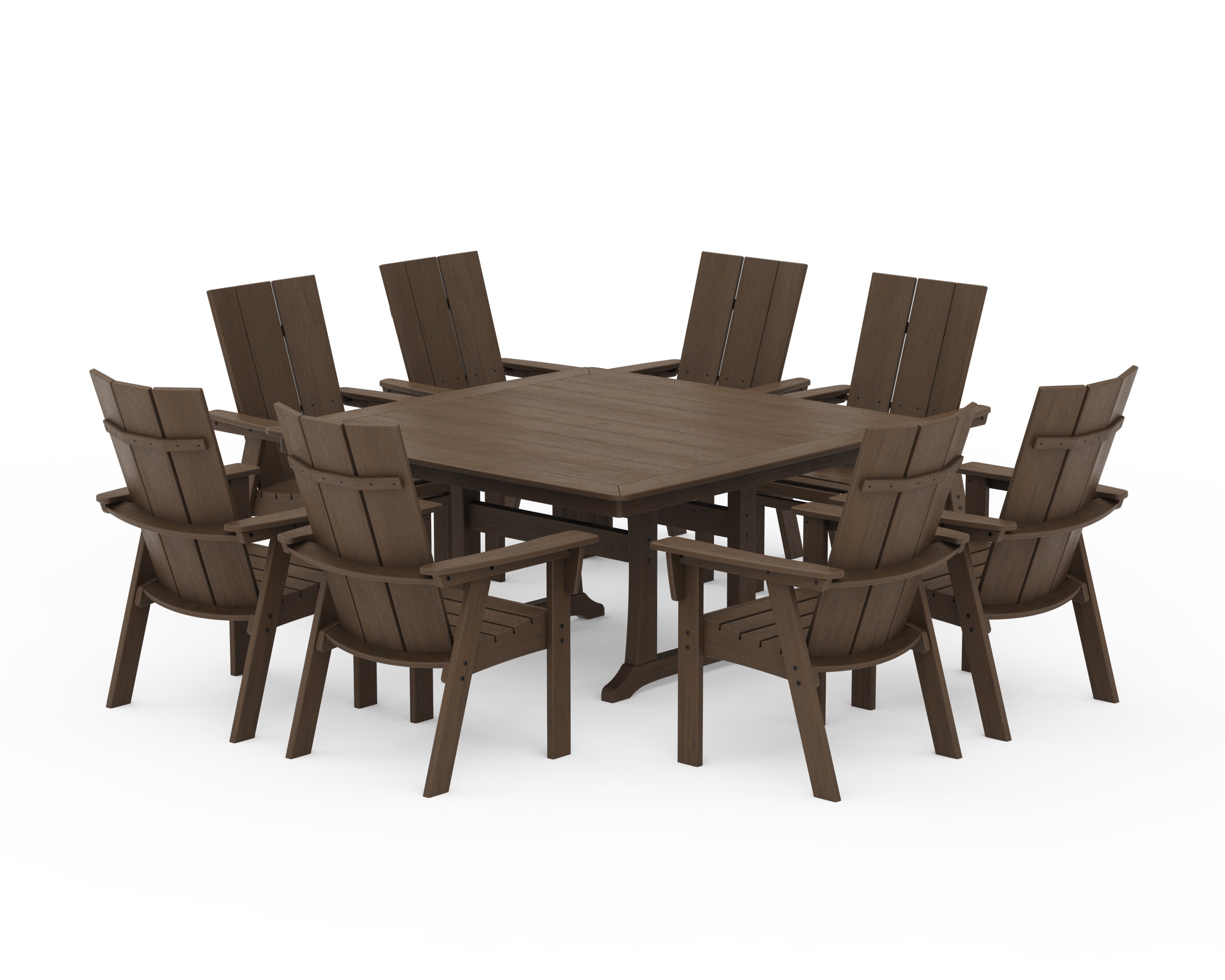 Modern Curveback Adirondack 9-Piece Square Dining Set with Trestle Legs in Kona
