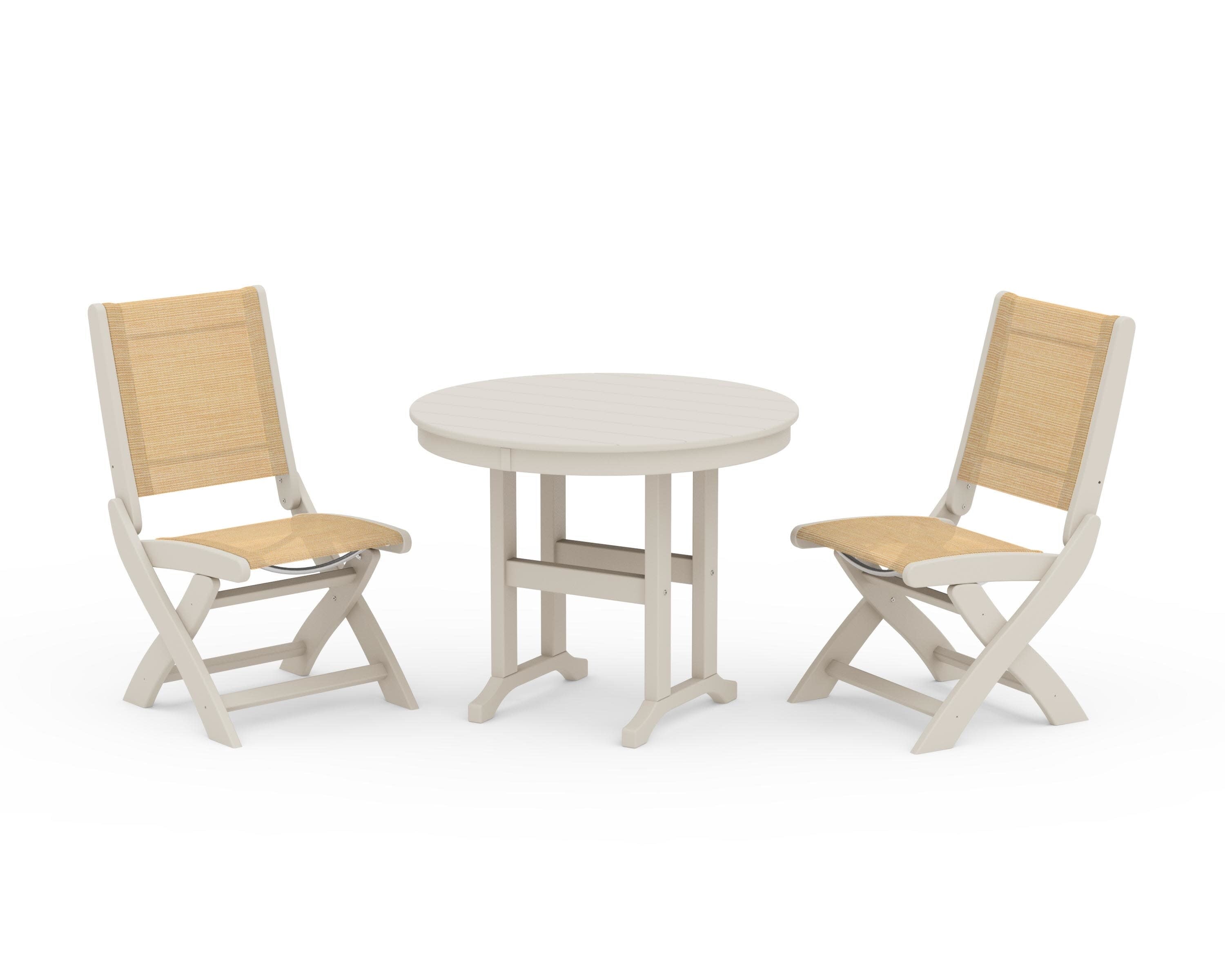 Coastal Folding Side Chair 3-Piece Round Dining Set in Sand / Dupioni Apricot Sling