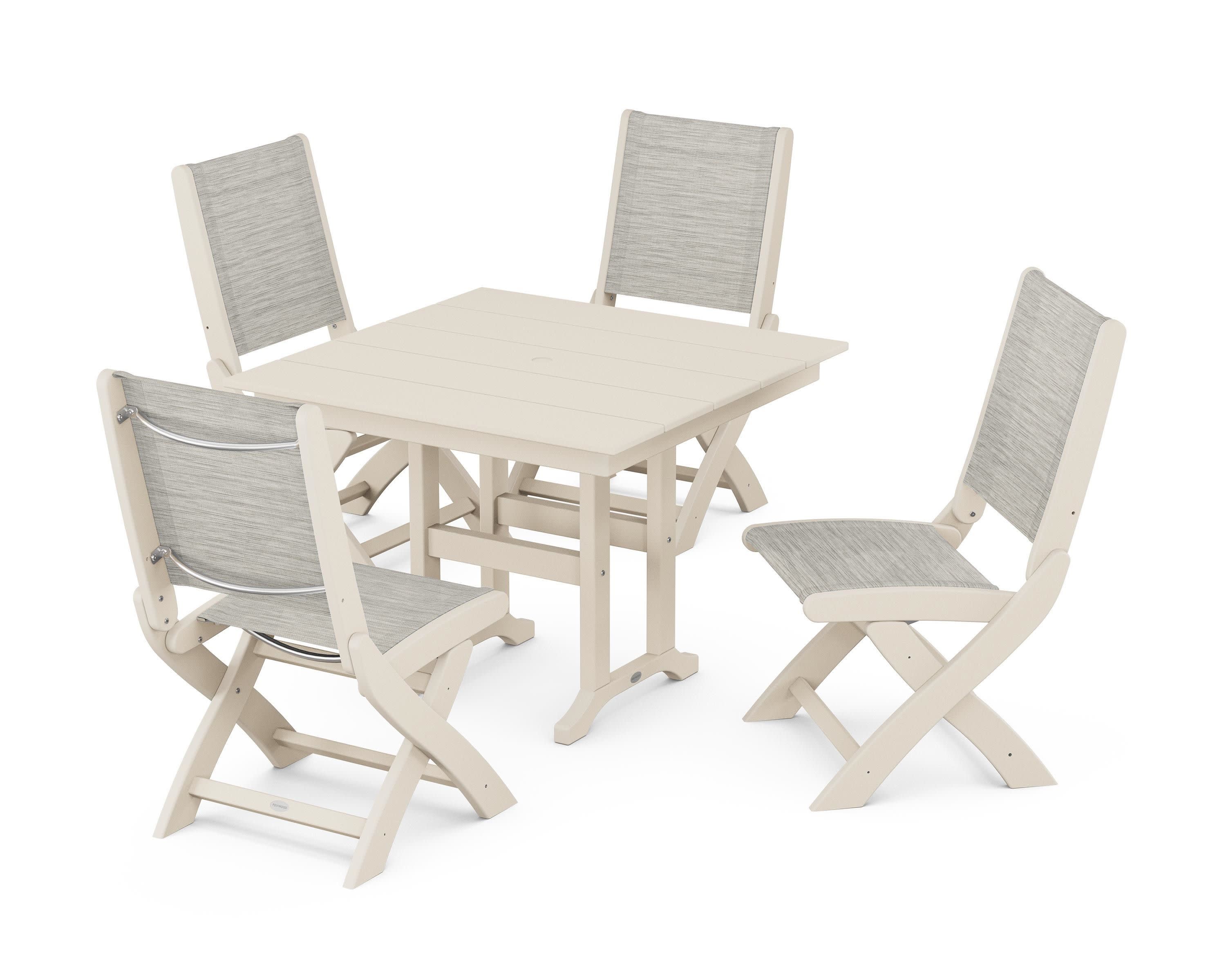 Coastal Folding Side Chair 5-Piece Farmhouse Dining Set in Sand / Birch Sling