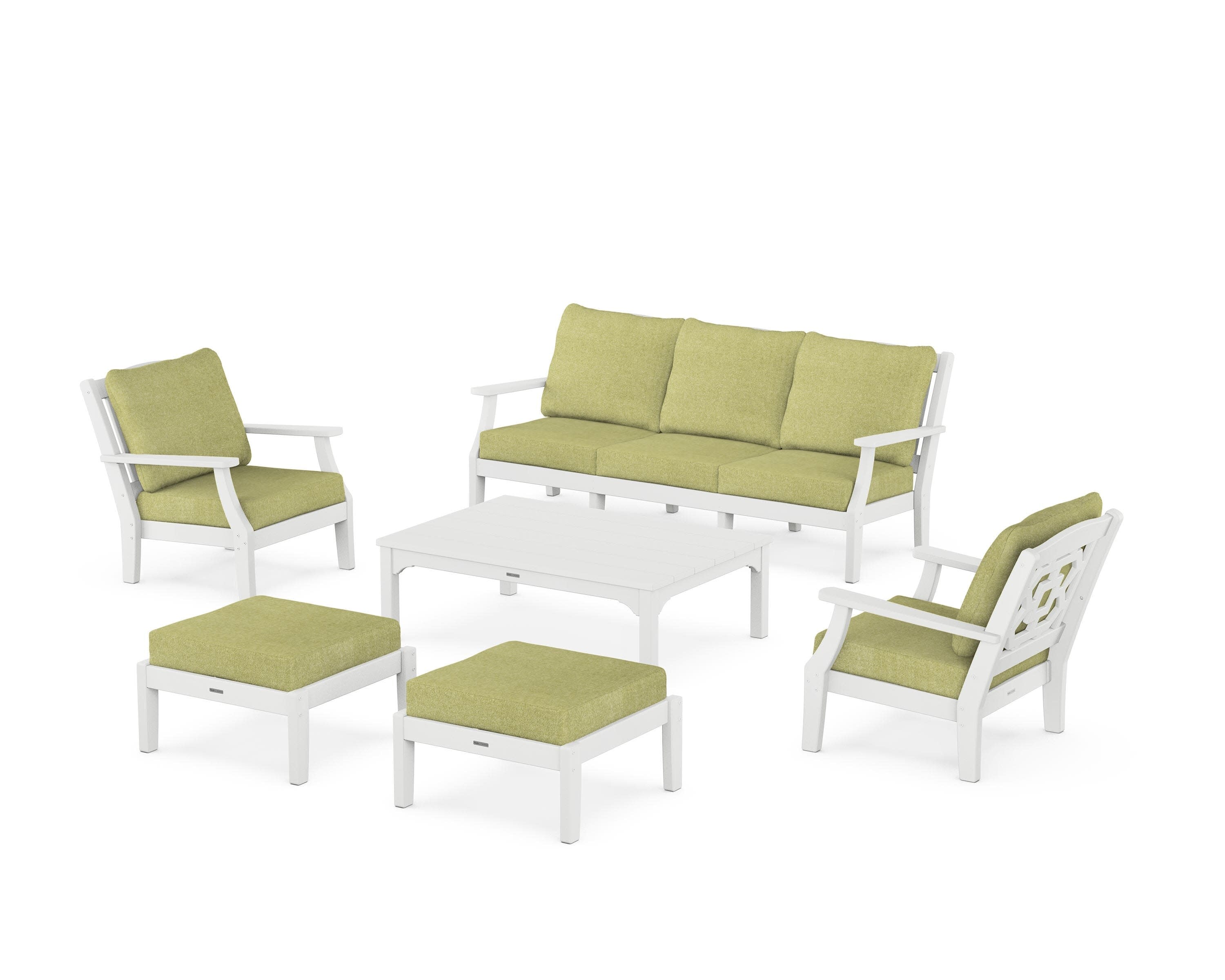 Chinoiserie 6-Piece Lounge Sofa Set in White / Chartreuse Boucle
