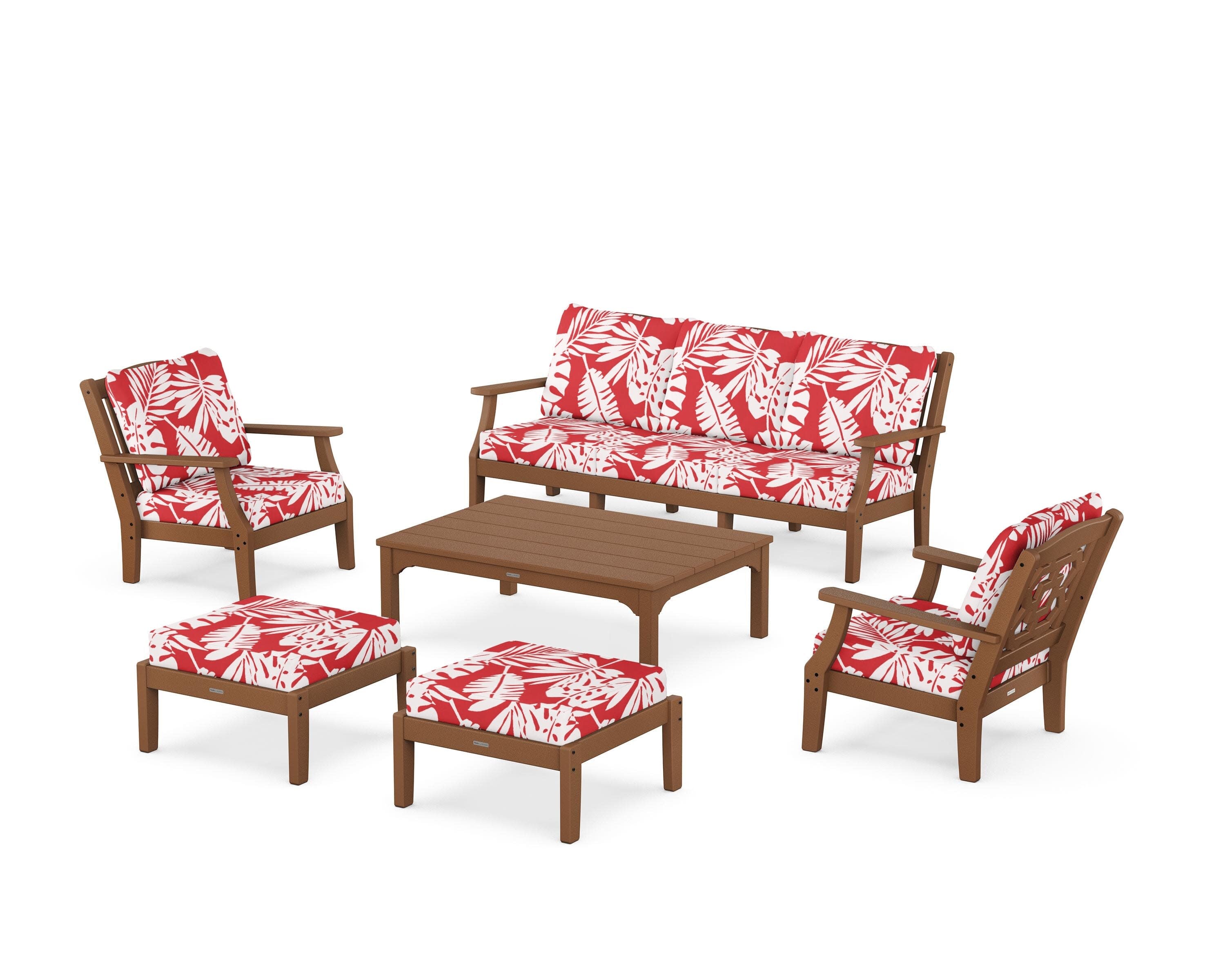 Chinoiserie 6-Piece Lounge Sofa Set in Teak / Leaf Crimson