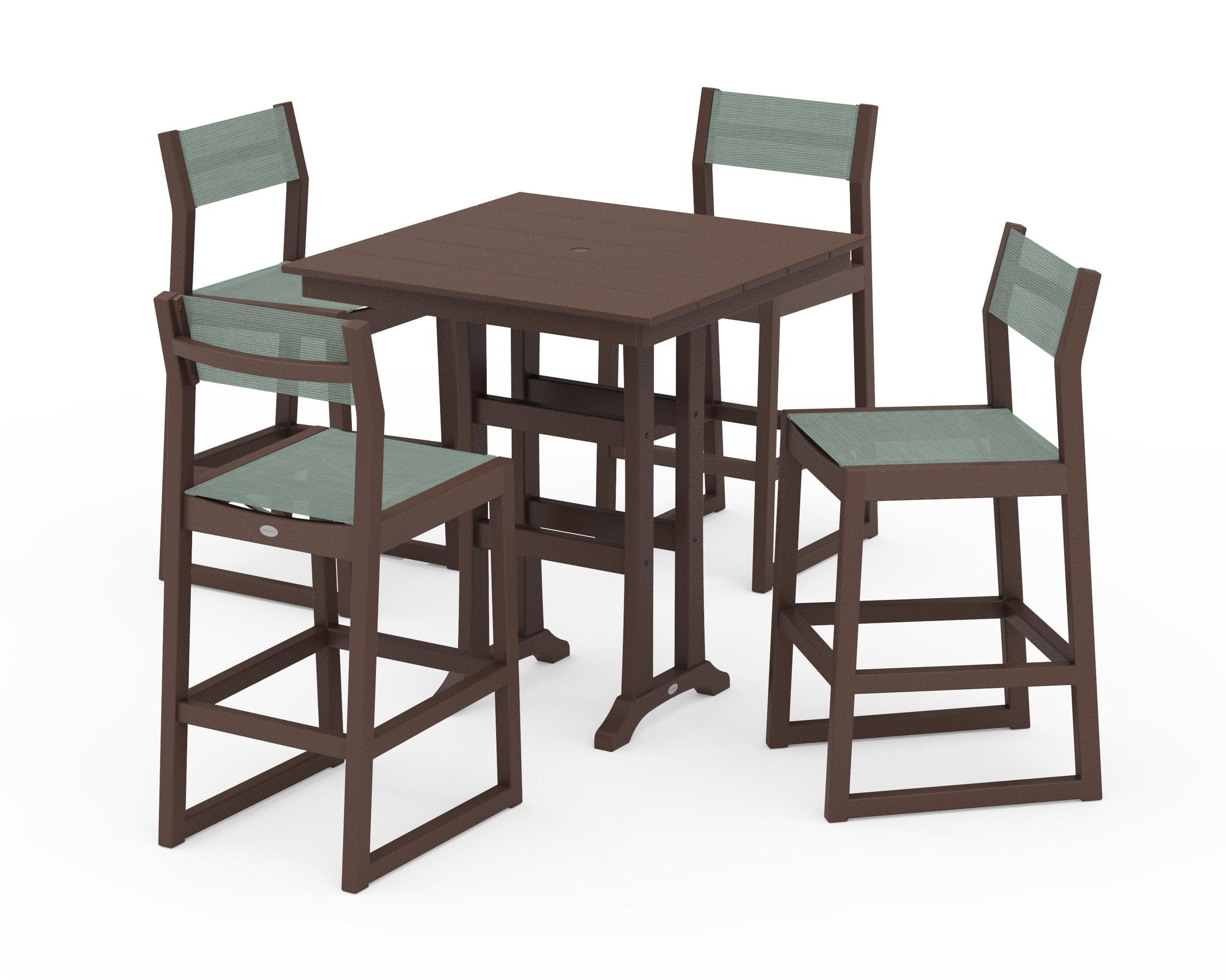 EDGE Sling Arm Chair 5-Piece Farmhouse Bar Set with Trestle Legs in Mahogany / Dupioni Sea Mist Sling