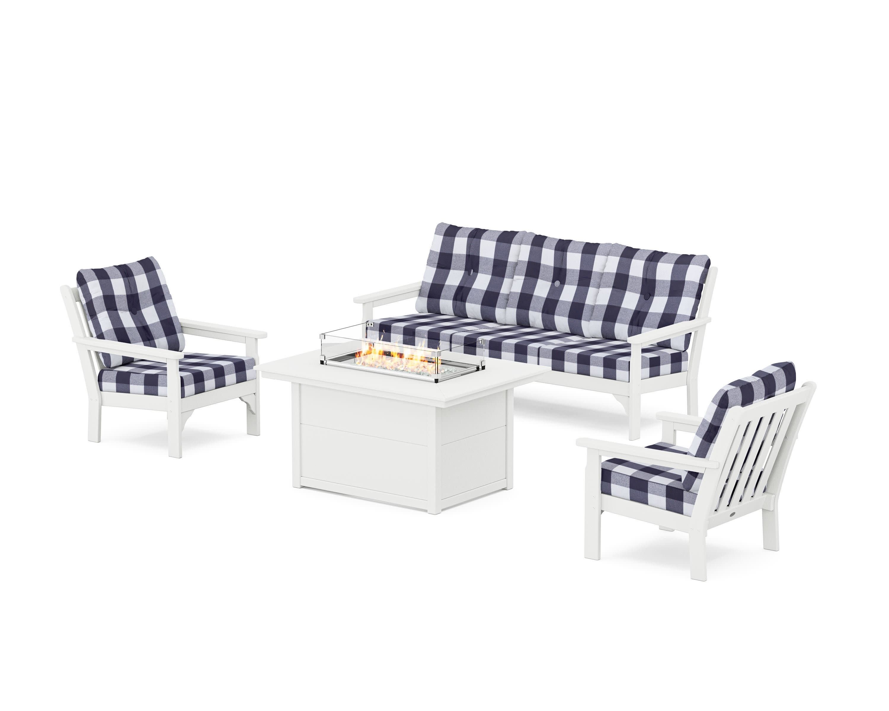 Vineyard Deep Seating Fire Pit Table Set in White / Buffalo Plaid Navy