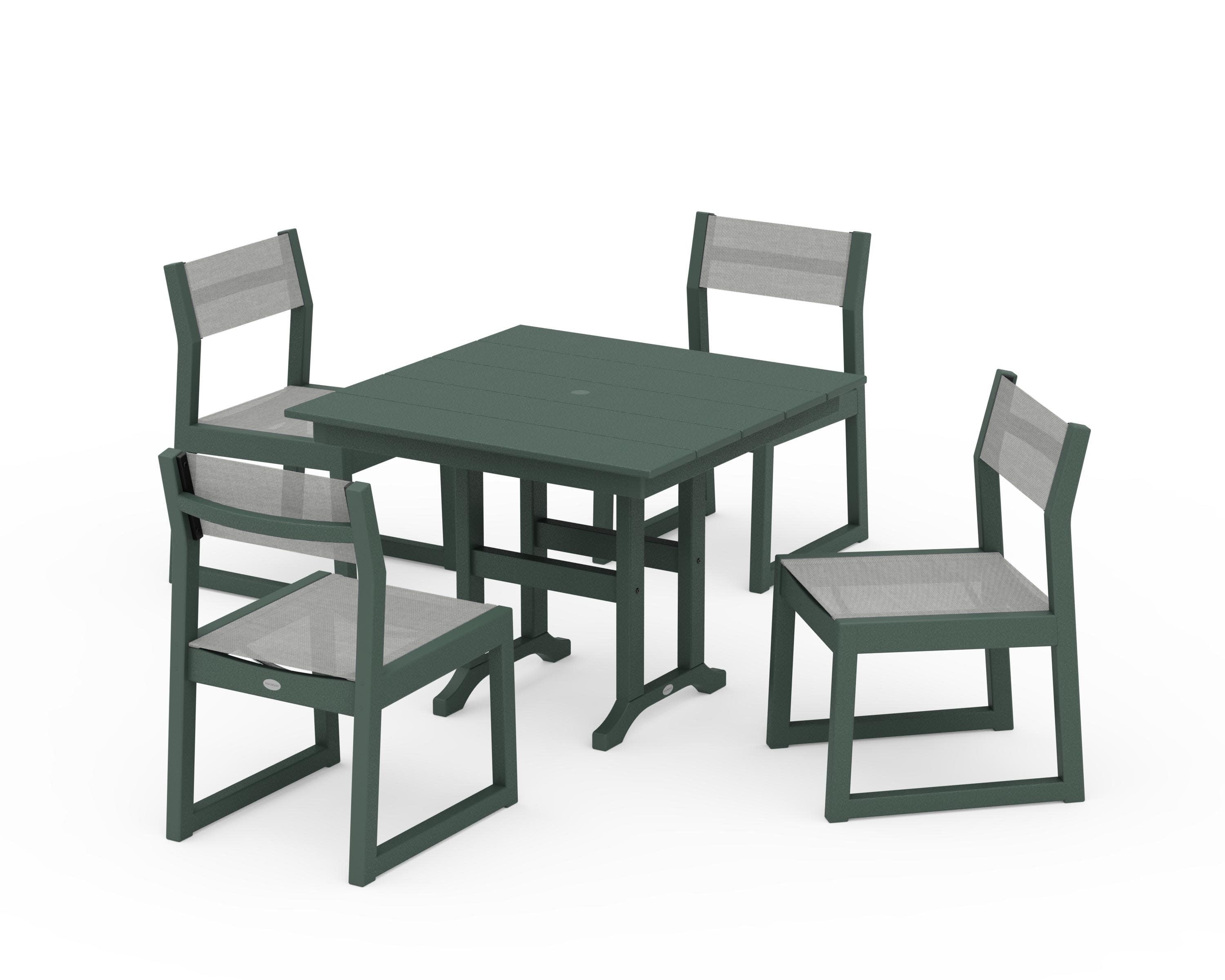 EDGE Sling Side Chair 5-Piece Farmhouse Dining Set in Green / Metallic Sling