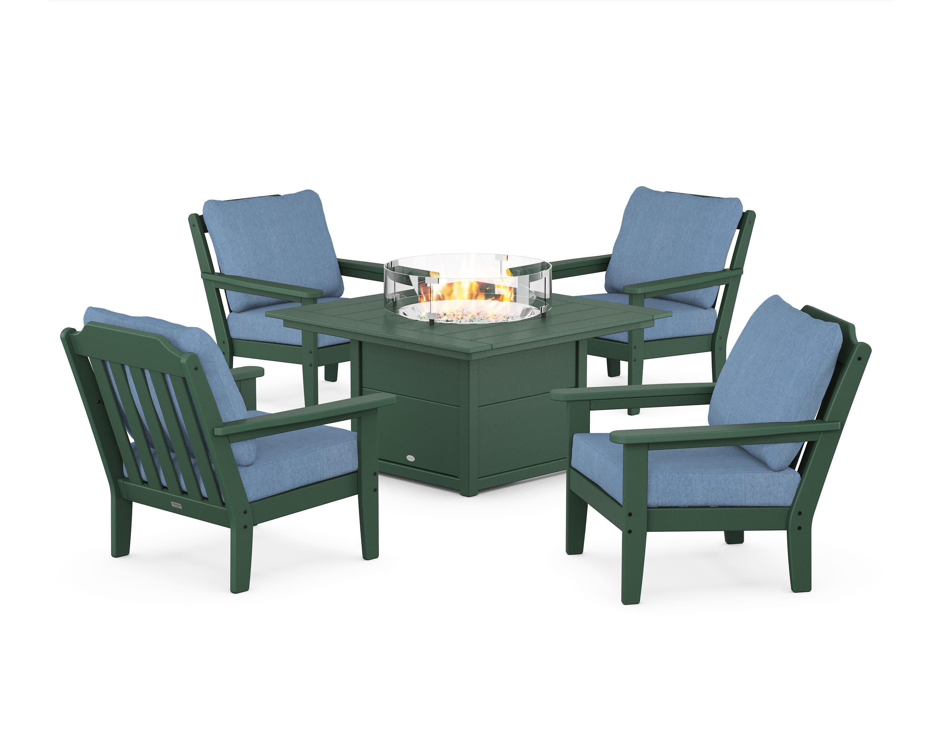 Cottage 5-Piece Deep Seating Set with Fire Pit Table in Green / Sky Blue