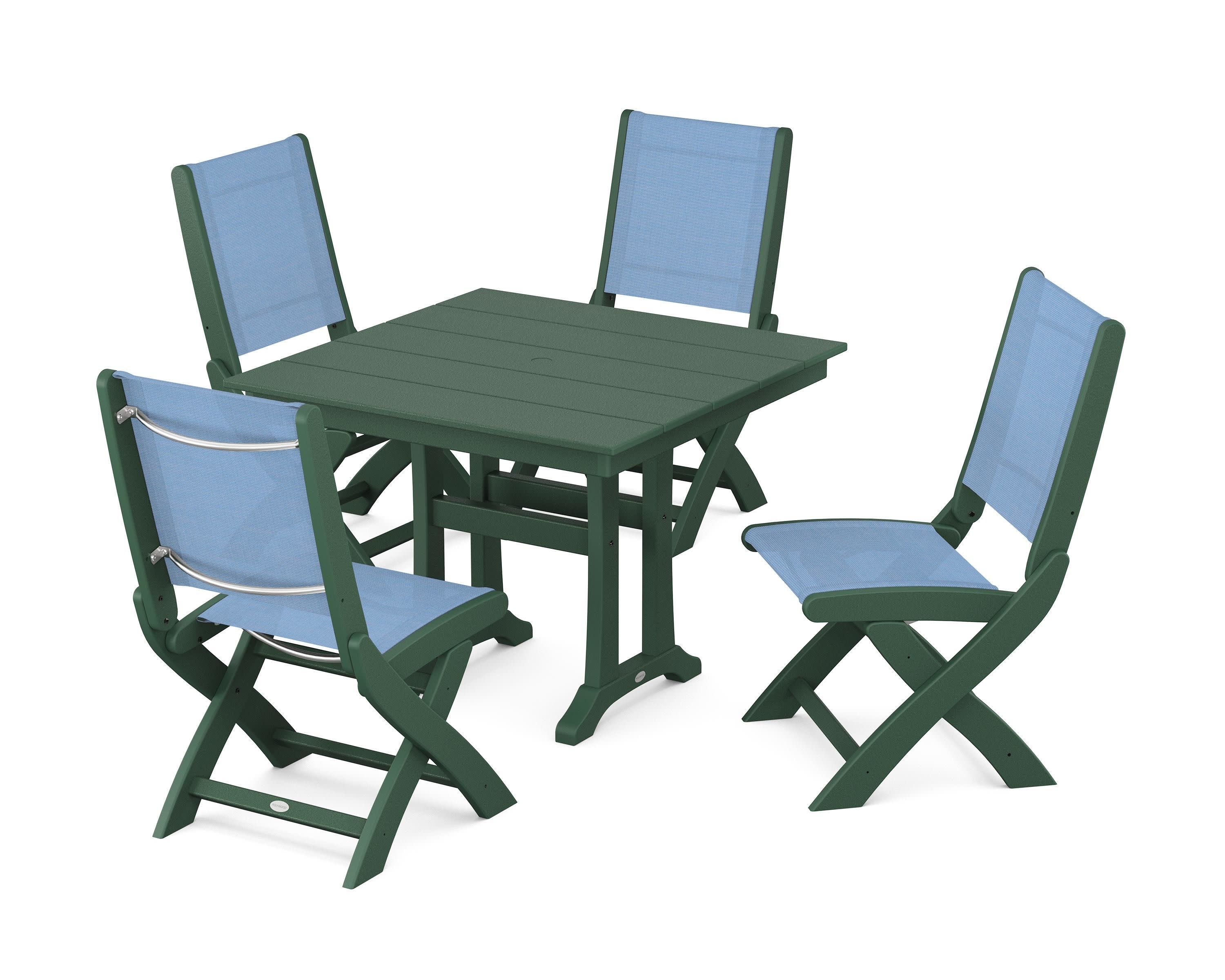 Coastal Folding Side Chair 5-Piece Farmhouse Dining Set With Trestle Legs in Green / Poolside Sling