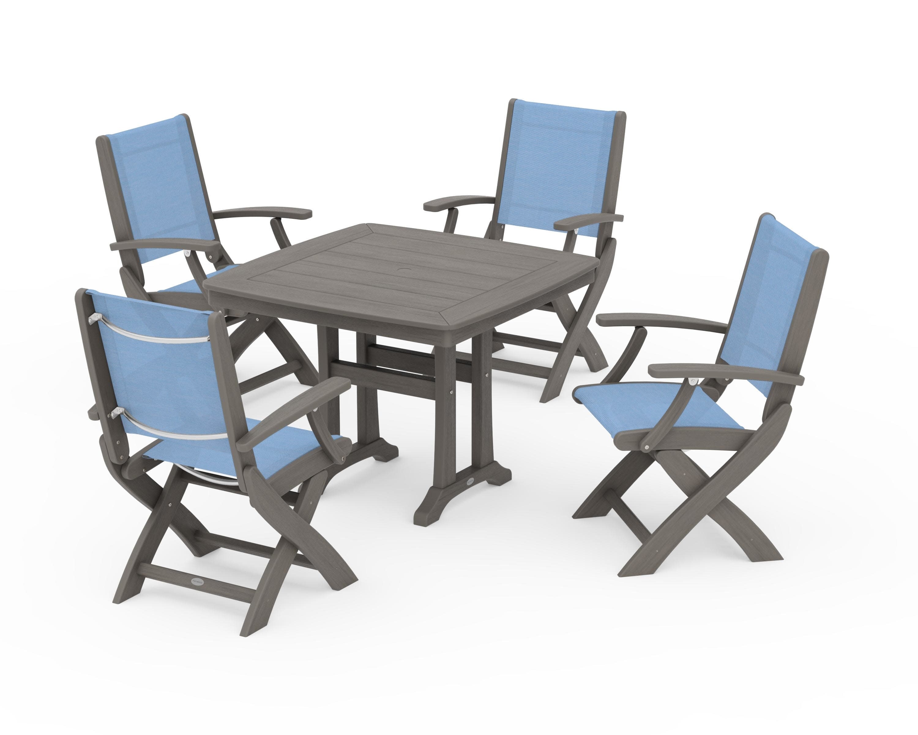 Coastal Folding Chair 5-Piece Dining Set with Trestle Legs in Driftwood / Poolside Sling