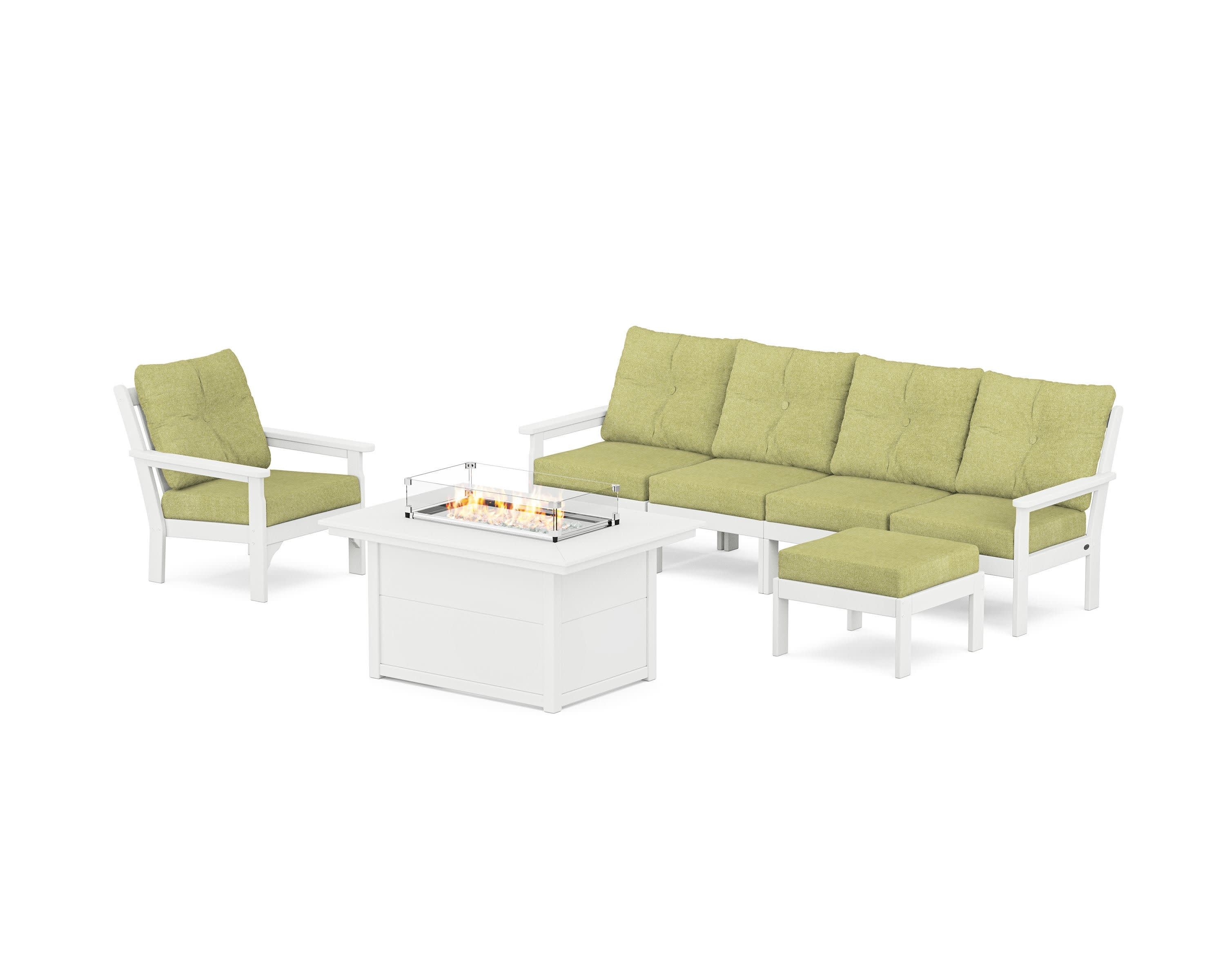 Vineyard Sectional Lounge and Fire Pit Set in White / Chartreuse Boucle