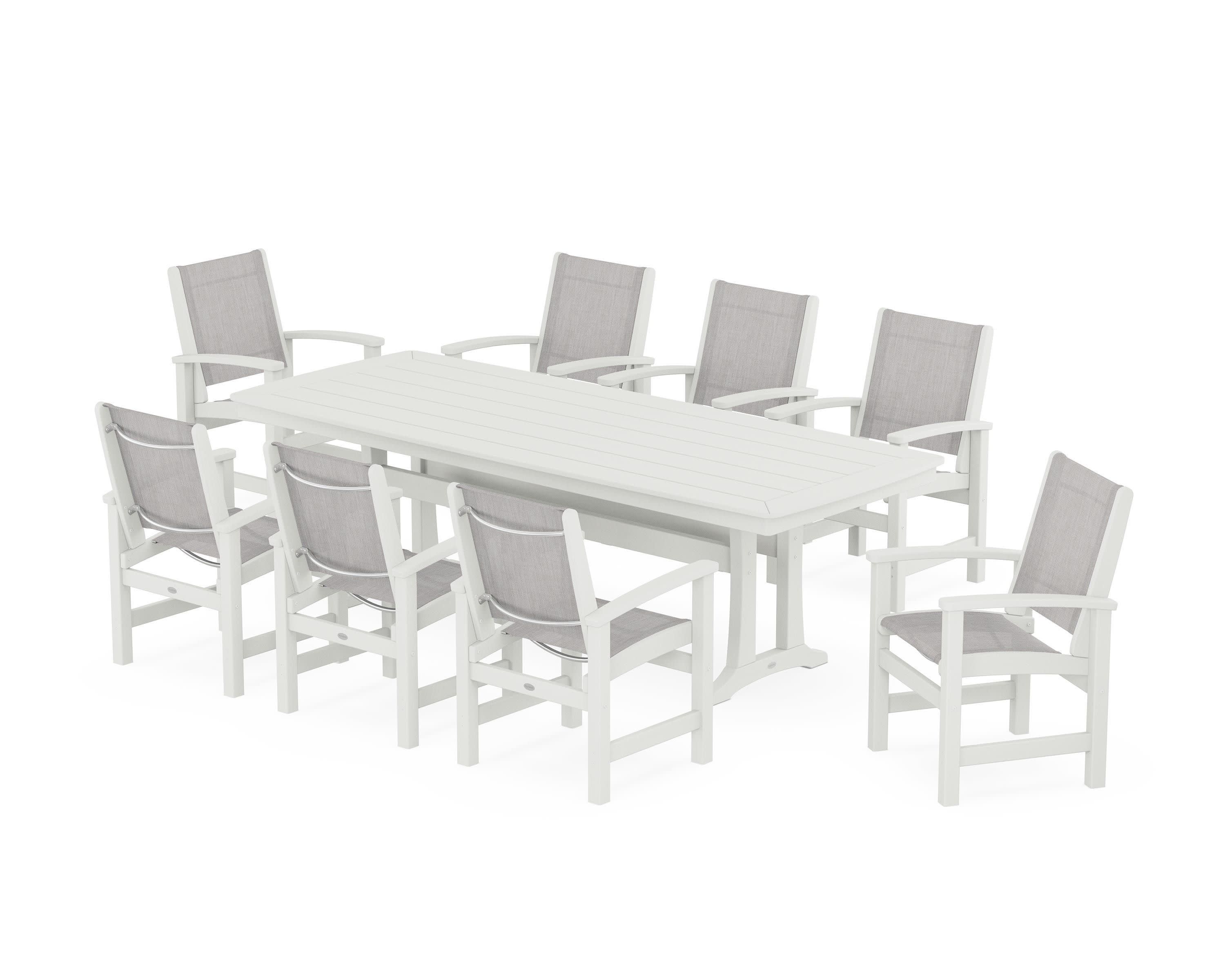 Coastal 9-Piece Dining Set with Trestle Legs in Vintage White / Parchment Sling