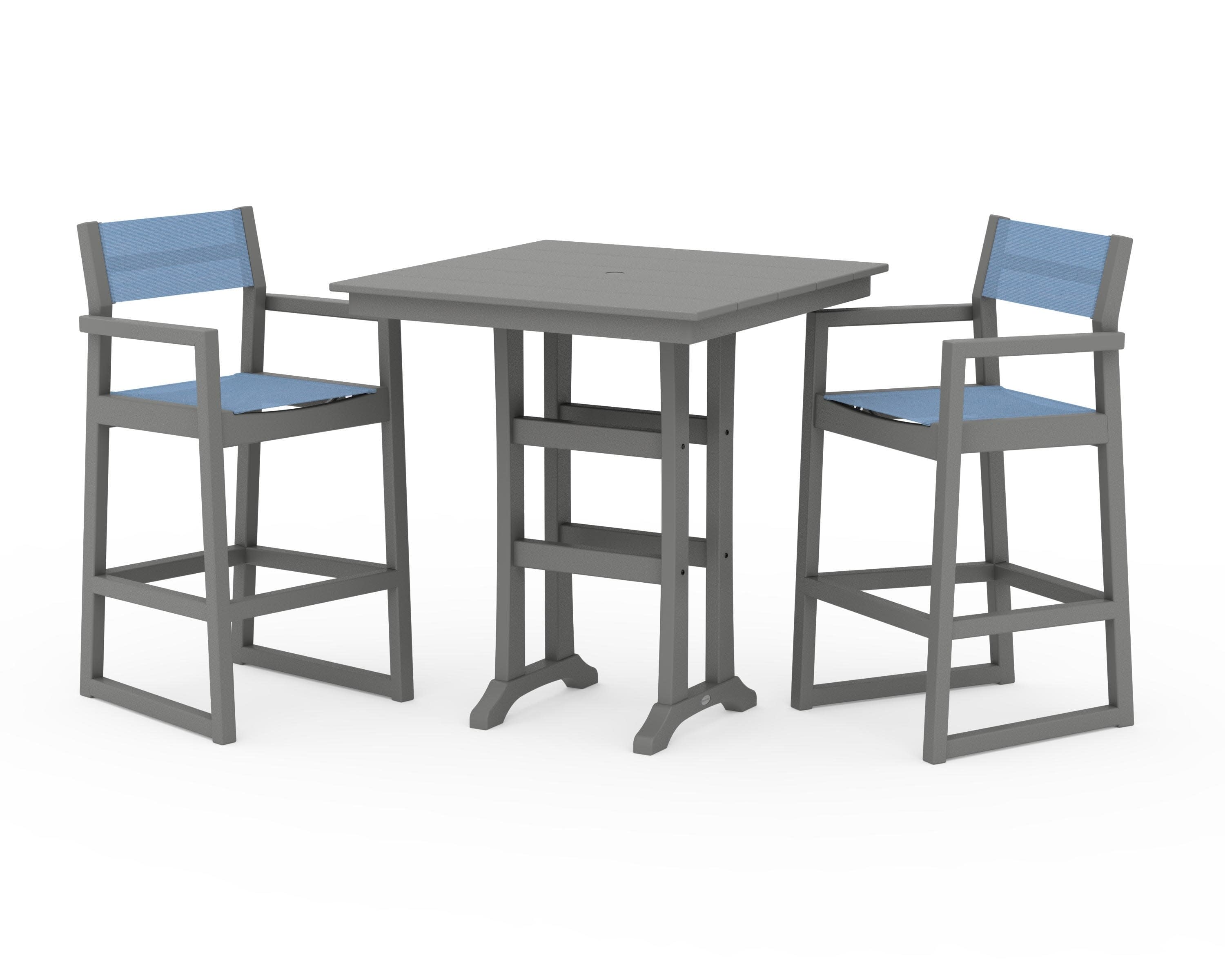 EDGE Sling Arm Chair 3-Piece Farmhouse Bar Set with Trestle Legs in Slate Grey / Poolside Sling